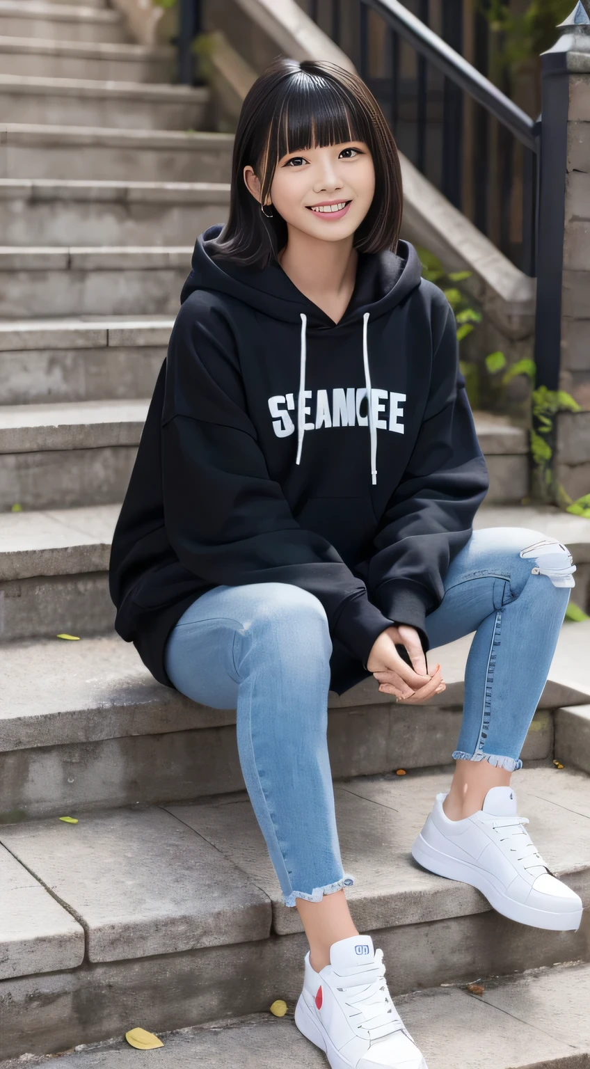 highest quality, Realistic, Very detailed, Finer details, High resolution, 8k wallpaper, One beautiful woman,Sit on the stairs、(Wear black socks)smile、(Beautiful teeth alignment、)(Gums are visible) Oversized hoodie, Skinny jeans,( Black sneakers)、Black Hair、 Beautiful Bangs、ear piercing、Perfect dynamic composition, Beautiful and detailed, Full Body Shot, A big smile