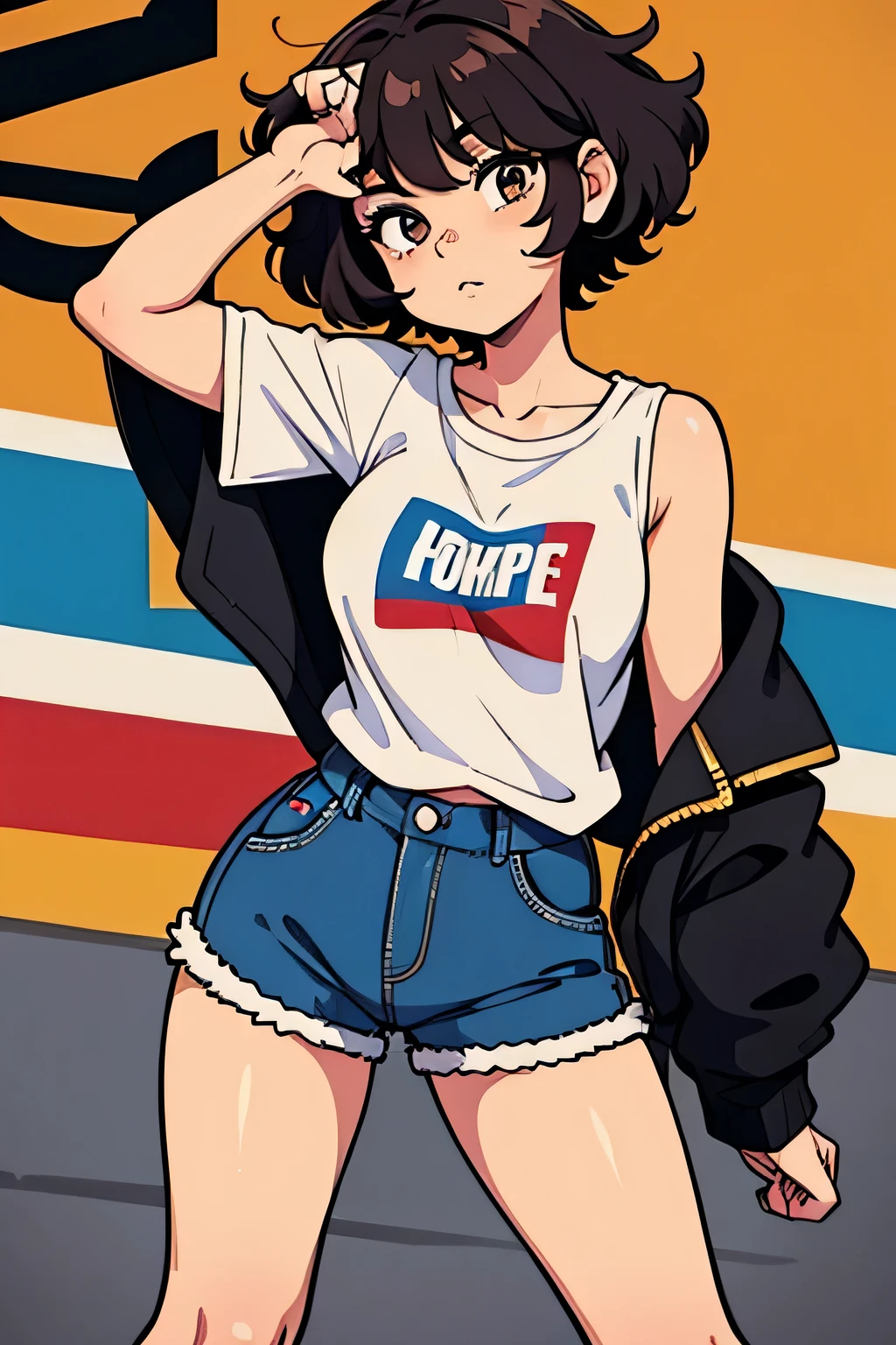 girl with short curly hair 20 years old and hiphop clothes