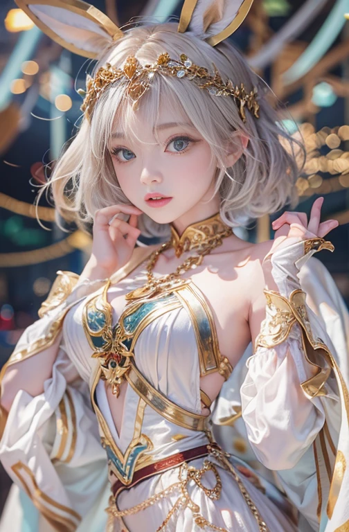 18-year-old, Wide-angle lens, Woman in ancient Greek costume、Woman enjoying merry-go-round at night,Shoulder out、thin、Serious expression、Short-haired、Deadly position, Gorgeous Necklace, Light milky porcelain skin, Smooth, Translucent white skin, Enchanting anime girl, Beautiful and seductive anime woman, Ultra realistic sweet bunny girl, Pale porcelain white skin, Smooth, Realistic and perfect body, Anime Girl Cosplay, Perfect body with realistic shadows, Switzerland'masterpiece,