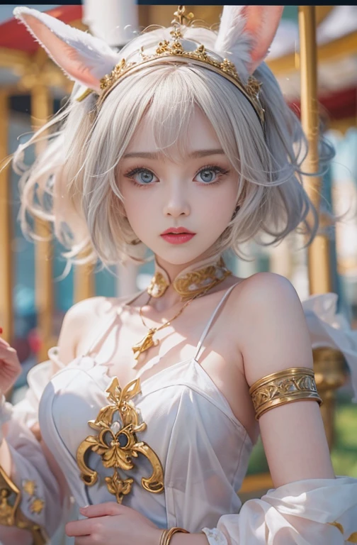 18-year-old, Wide-angle lens, Woman in ancient Greek costume、Woman enjoying merry-go-round at night,Shoulders out、thin、Serious expression、Short-haired、Deadly position, Gorgeous Necklace, Light milky porcelain skin, Smooth, Translucent white skin, Enchanting anime girl, Beautiful and seductive anime woman, Ultra realistic sweet bunny girl, Pale porcelain white skin, Smooth, Realistic and perfect body, Anime Girl Cosplay, Perfect body with realistic shadows, Switzerland'masterpiece,