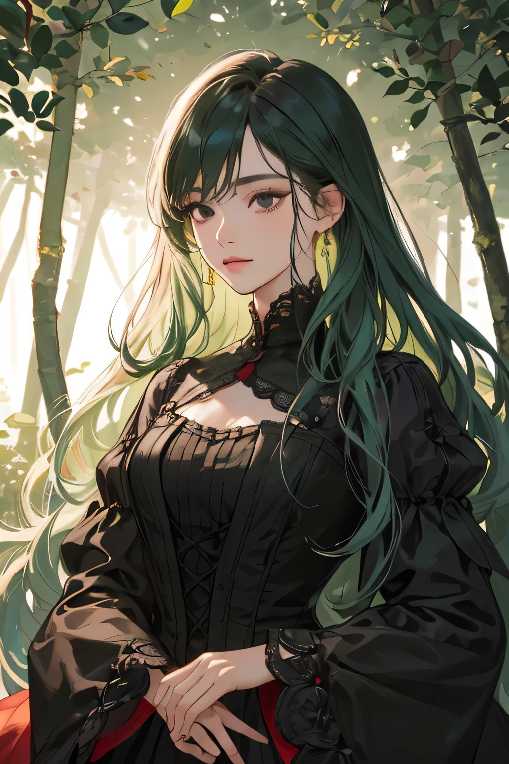 (extreamly delicate and beautiful:1.2), 8K,(masterpiece:1.0),(best_quality:1.0), 1girl, and intricate detailing, Enlarged textures, and intricate detailing, finely ekspressive eye and detailed face, and intricate detailing, green long hair, (closed mouths), Perfect eyes, Equal eyes, black eyes (A female god) with victorian red dress, perfect, background forest