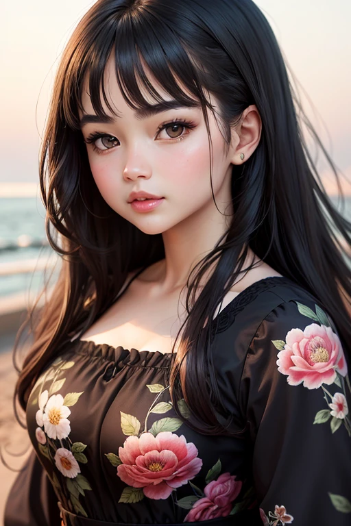Masterpiece high quality high details realistic face ultra realistic face chubby face girl with slender curved fit figure and long dark black hair wearing floral dress