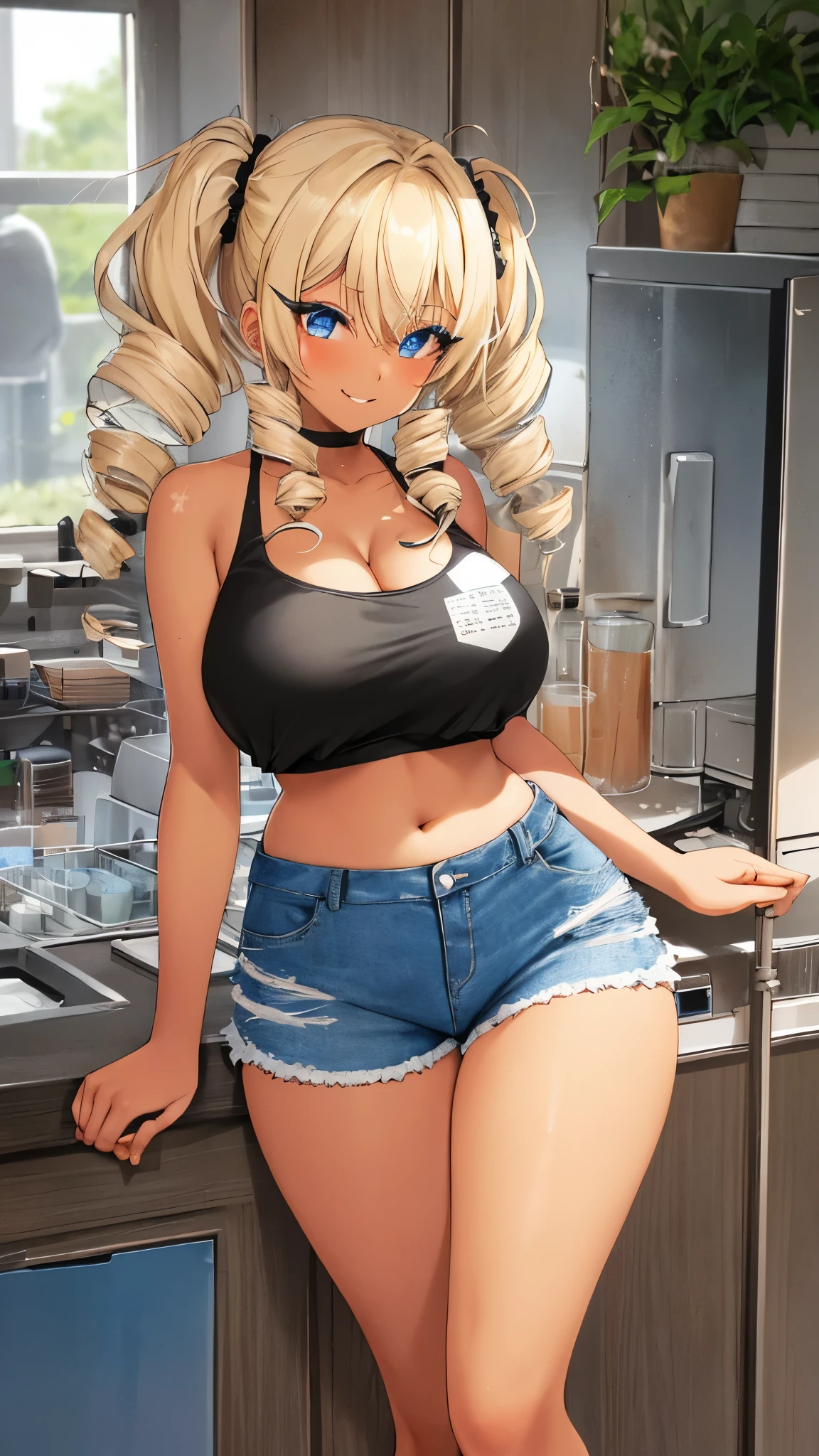 1 girl, Light blonde , thick bluish eyeshadow, thin eyebrows, thick black eyeliner, Highlighted eyes with eyeliner, false eyelashes,,(tanned skin:1.2),Scrunchie,(large breasts:0.5),,gyaru,smile,twin drill,Denim shorts,camisole,Urban area