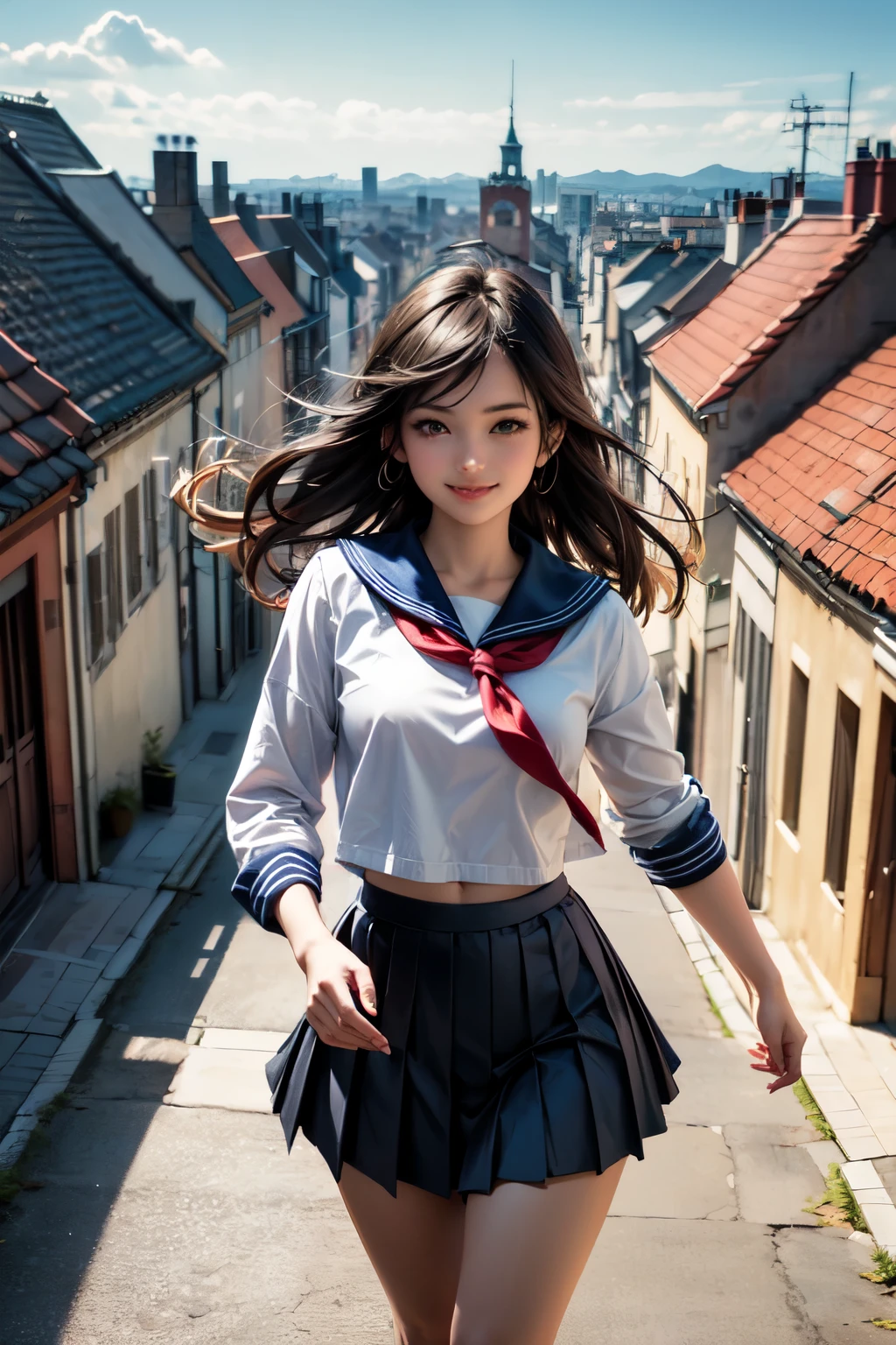 very cute and beautiful girl,teen,(highly detailed beautiful face),
(smile:1.2),happy,black hair,(sailor ,pleated navy blue mini skirt),dynamic pose,looking at viewer,
many european houses with red roof,(town overview:1.2),
(best quality,masterpiece:1.0),absurdres,highres,ultra-detailed,extremely detailed,32k,8k resolution,
intricate details,cinematic scene,detailed background,solo,dynamic angle,
solo,hair fluttering in the wind,beautiful detailed sky,