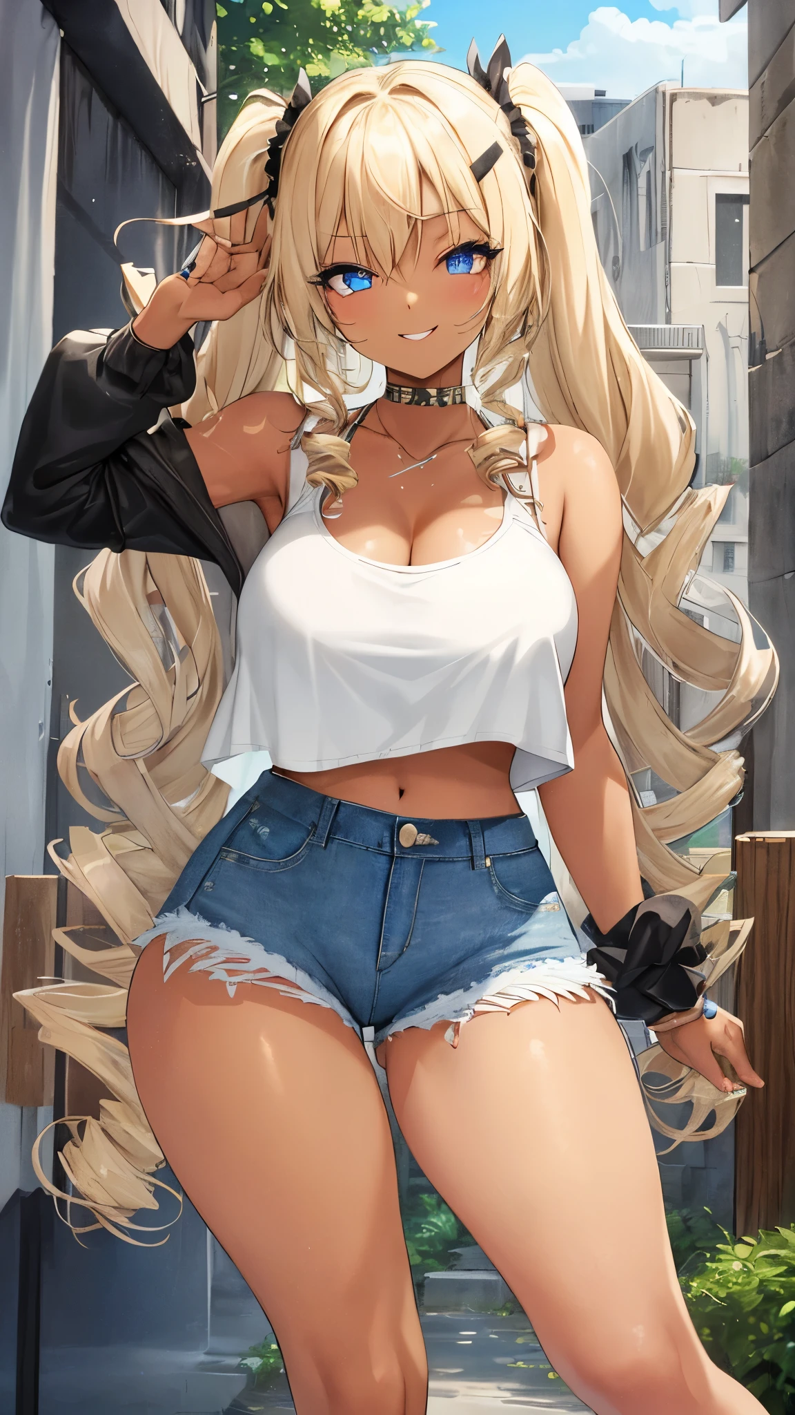 1 girl, Light blonde , thick bluish eyeshadow, thin eyebrows, thick black eyeliner, Highlighted eyes with eyeliner, false eyelashes,,(tanned skin:1.2),Scrunchie,(large breasts:0.5),,gyaru,smile,twin drill,Denim shorts,camisole,Urban area