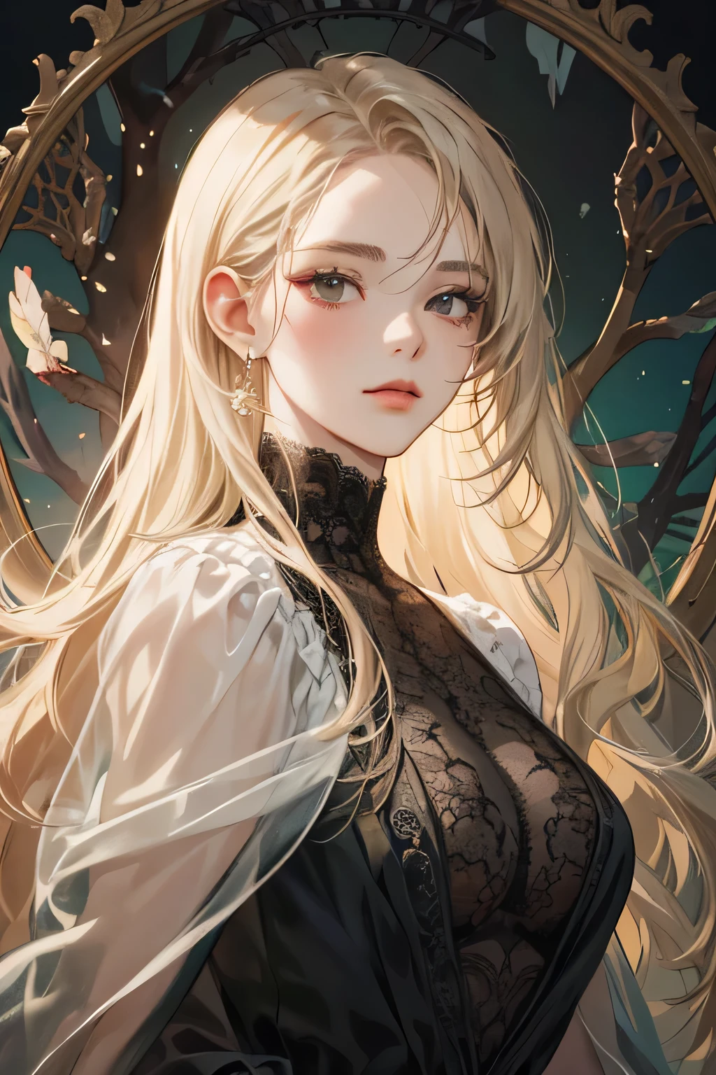 (extreamly delicate and beautiful:1.2), 8K,(masterpiece:1.0),(best_quality:1.0), 1girl, and intricate detailing, Enlarged textures, and intricate detailing, finely ekspressive eye and detailed face, and intricate detailing, green long hair, (closed mouths), Perfect eyes, Equal eyes, black eyes (A female god) with victorian red dress, perfect, background forest