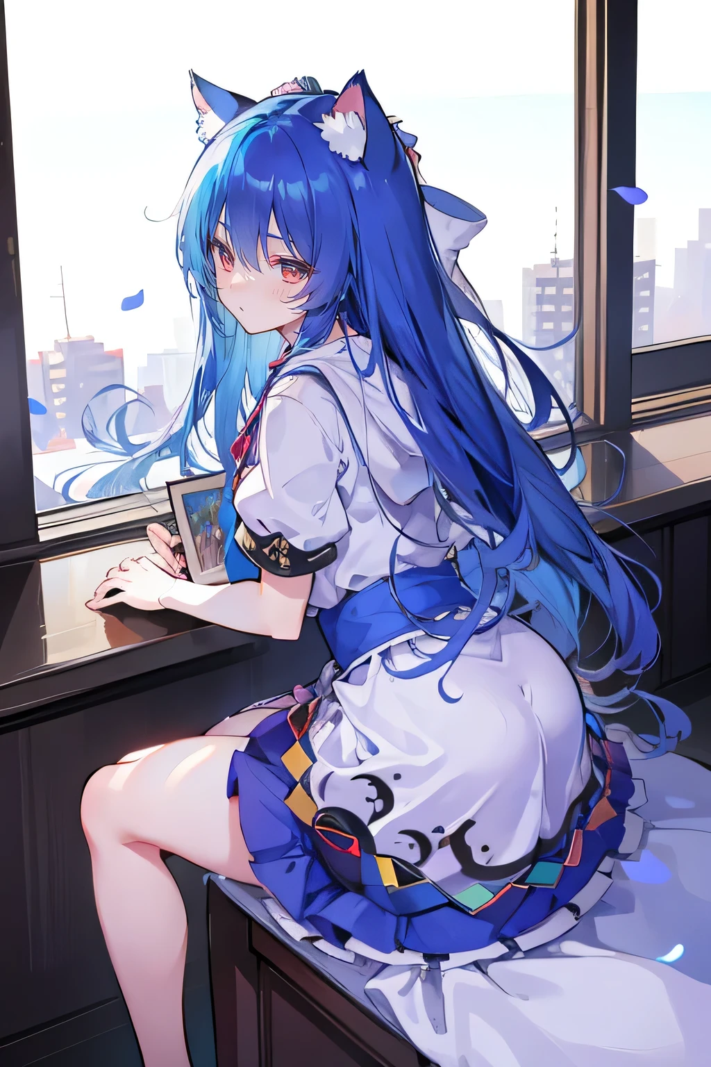 (masterpiece:1.2),Super detailed,lifelike,Expressive eyes,fair skin,perfect face shape,1 girl,
Japanese comics,Gorgeous blue hair,flowing blue hair,flowing clothes,Cat ears,Petals fall,beautiful lola,Baby Angel,
Cross your legs,Gentle and peaceful background,The pavilion is cool and comfortable, wearing hoodie, background of tokyo,back views,snowing, winter.