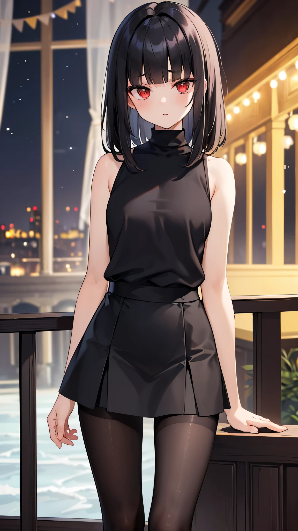 Limited edition palette), highest quality, (((masterpiece))), (((Beautifully detailed skin))), alone, girl, (((Black Hair))), (Red eyes), (mascara), Blunt bangs, Long Hair, (Medium chest), Noble, loyal, (((Eye focus))), Blurred Background, Serious Eyes, Palace balcony background, (((View your viewers))), (((night))), Upright body, (((Head straight ahead))), Stand Upright, Stand with good posture、Watching the viewer directly, (Middle Side), (Hair is black), (((Blunt bangs))), ((Black Hair)), Front body posture, (((Front of body))), (((Good posture front body))), ((Black A-line Skirt)), ((Pantyhose Stockings)), (((Middle front body))), Pantyhose Stockingsを見る, View from the front, (((Black A-line Skirt:1.1))), Frontal Body, (((Upright posture:1.1))), (((Middle position:1.1))), The ends of the hair are neatly cut, ((Sleeveless T-shirt)), ((Plain black t-shirt)), (Tent Black Skirt), (turtleneck), ((Middle standing:1.1)), (Wolf cut hair woman),