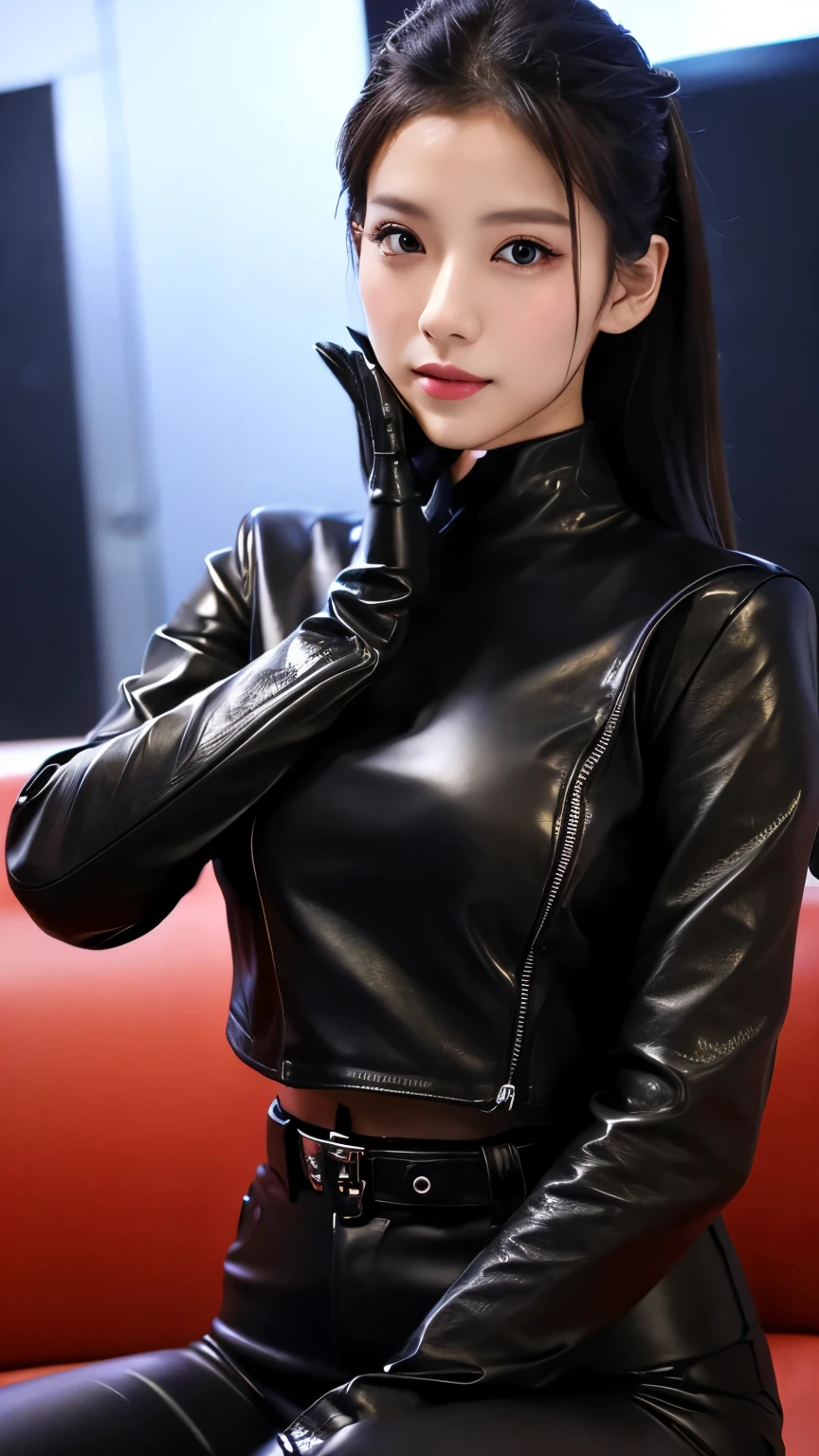 black leather rider jacket, Office in the Dark, Black leather gloved fingertips on both hands,Wearing black leather gloves,Sitting in a black leather chair、 Japanese female new recruits (Black leather gloves cover both hands) (The angle is horizontal)、Black Leather Pants,Black Leather Black Leather Pants,Black Leather Skinny Pants、Long black leather boots on both feet、Black hair ponytail ((He wears black leather gloves on his hands))Full Body Photo,full body shot full body full body leather suit,☺If you turn in this direction。Wearing black leather gloves,Wearing black leather gloves,Wearing black leather gloves,Wearing black leather gloves,Wearing black leather gloves,Wearing black leather gloves,黒のレザーパンツが美しい😍黒のレザーパンツが美しい😍黒のレザーパンツが美しい,😍Smiling while looking at me,City lights、((Neon Cyberpunk City Street:1.3))、(Neon Light)、Detailed lighting、
Best image quality、Ultra-high resolution、(realism:1.4)、Korean Beauty Star、The most beautiful KPOP stars、face、Horny Korean Makeup、A body that makes you want to touch it、Realistic leather texture、Costume made of smooth leather fabric、The drape of the curved parts of the leather fabric、The costume is very shiny、Quality of the costume、8K Photo Quality