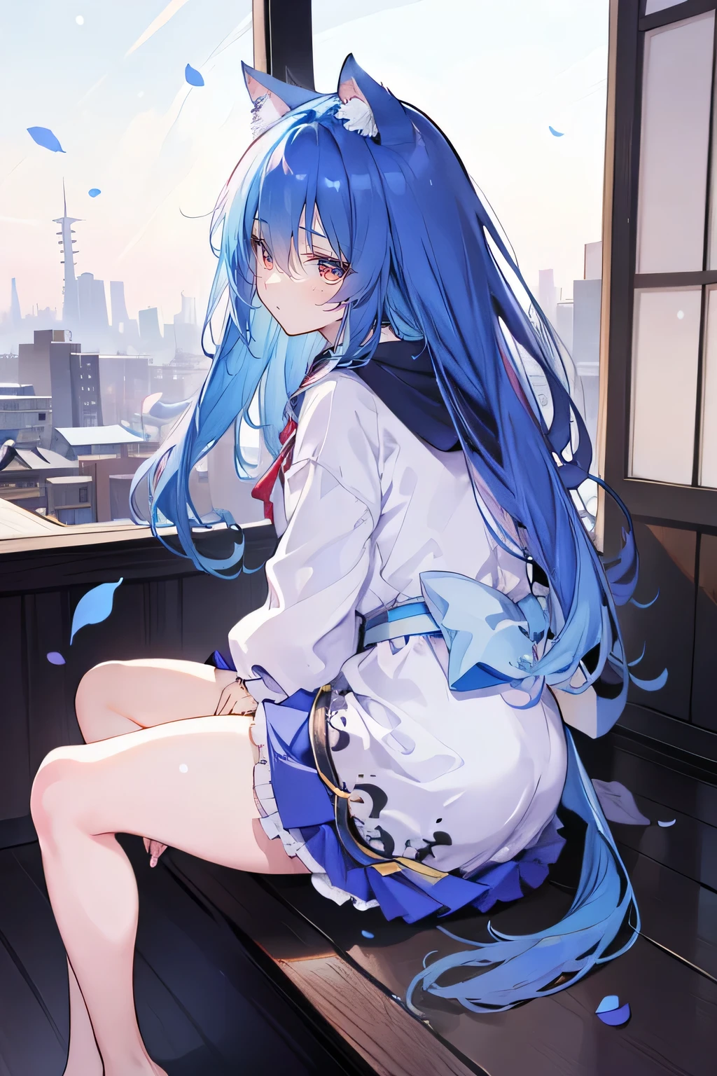 （masterpiece：1.2），Super detailed，lifelike，Expressive eyes，fair skin，perfect face shape，1 girl，
Japanese comics,Gorgeous blue hair,flowing blue hair,flowing clothes,Cat ears,Petals fall,beautiful lola,Baby Angel,
Cross your legs，Gentle and peaceful background，The pavilion is cool and comfortable, wearing hoodie, background of tokyo,back views,snowing, winter.