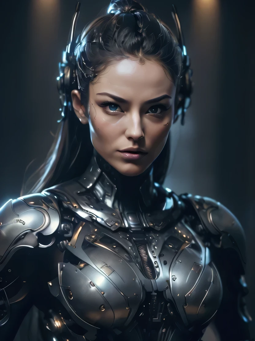 ((Masterpiece, top quality, highly detailed, high resolution, photorealistic, sharp focus, cinematic lighting)), ((solo woman, middle shot, focus from the chest up, face light)), high contrast , Warflame close-up, monocular lens, wearing intricately patterned armor, villain cyborg, alien cyborg, Crisis nano suit, assassin's elaborate mech armor, bad guy's face in armor, cool cyborg still photography, dynamic action, looking at the viewer, black mecha
