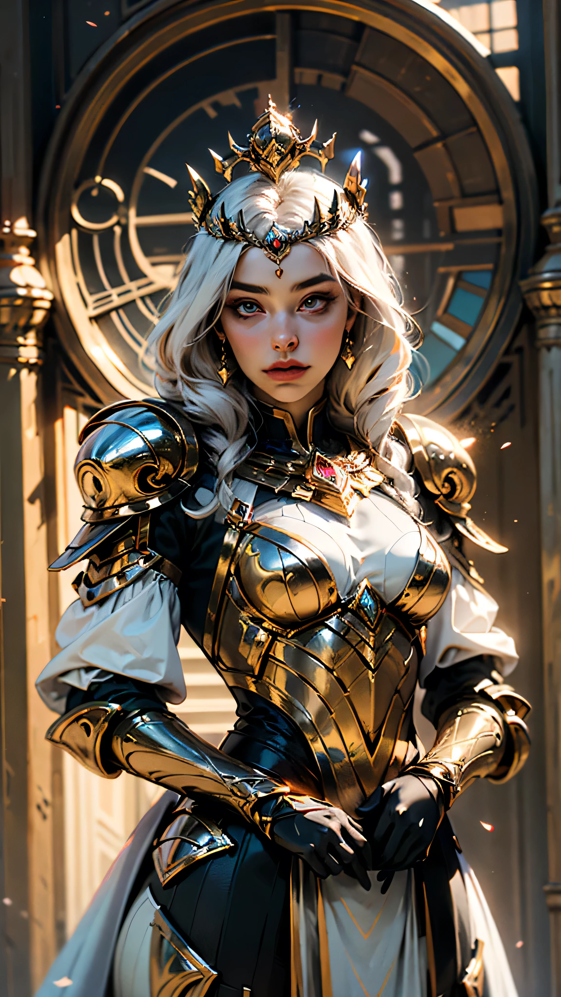 A woman adorned in fantasy-style full-body armor, a crown-concept fully enclosed helmet that unveils only her eyes, a composite layered chest plate, fully encompassing shoulder and hand guards, a lightweight waist armor, form-fitting shin guards, the overall design is heavy-duty yet flexible, (the armor gleams with a golden glow, complemented by red and blue accents), exhibiting a noble aura, she floats above a fantasy-surreal high-tech city, this character embodies a finely crafted fantasy-surreal style armored hero in anime style, exquisite and mature manga art style, (mixture of Queen bee and Spider concept Armor, plasma), ((Element, elegant, goddess, femminine:1.5)), metallic, high definition, best quality, highres, ultra-detailed, ultra-fine painting, extremely delicate, professional, anatomically correct, symmetrical face, extremely detailed eyes and face, high quality eyes, creativity, RAW photo, UHD, 32k, Natural light, cinematic lighting, masterpiece-anatomy-perfect, masterpiece:1.5