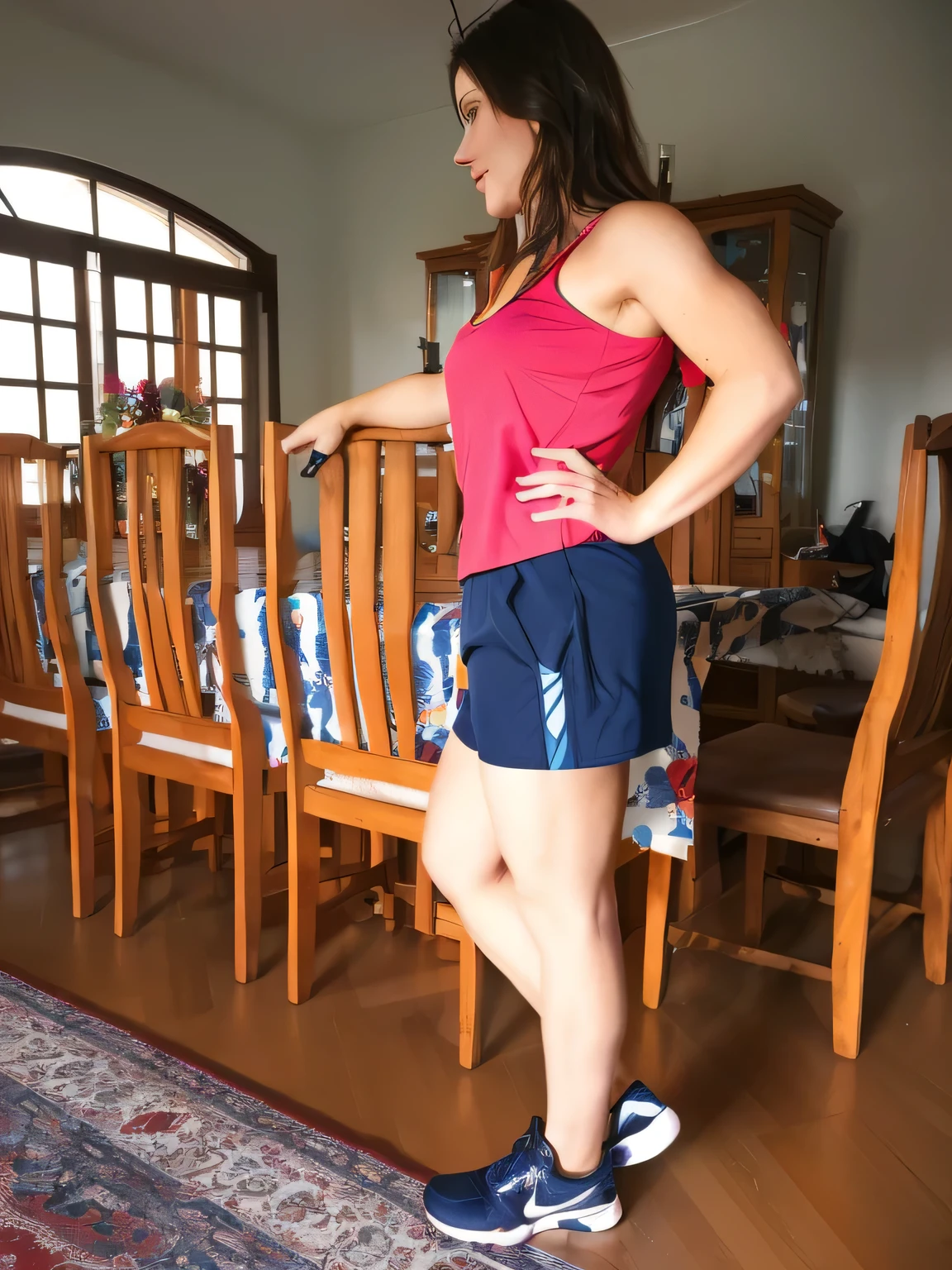 there is a woman standing in a room with a table and chairs, side pose, sport bra and dark blue shorts, in shorts, side shot, fit pic, dressed in a top and shorts, outfit photo, wearing a tanktop and skirt, wearing red shorts, side portrait, full pose, wearing fitness gear, wearing a camisole and shorts