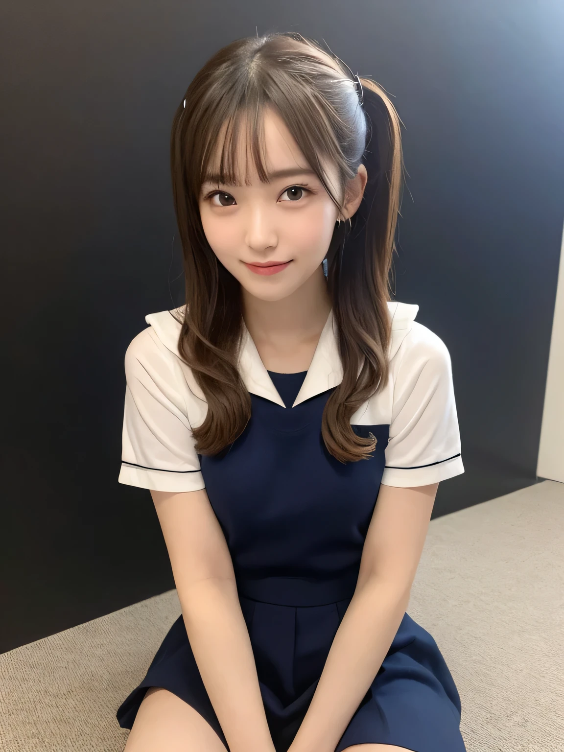 In detail,Full body photo、 One high school girl、High resolution, high quality、Slim body、Perfect dynamic composition, Beautiful fine details, Blonde、Twin tails、Natural color lip,Kamimei、16-year-old girl、Clear Skin、Short-sleeved sailor suit、Red mini skirt、Thighs、Shiny Hair、最high quality, figure, Very detailed, In detail, High resolution, 8k、The correct state of the human body、Sculpture model pose，Dark blue walls,Sitting in a chair、Thighs are visible、smile、