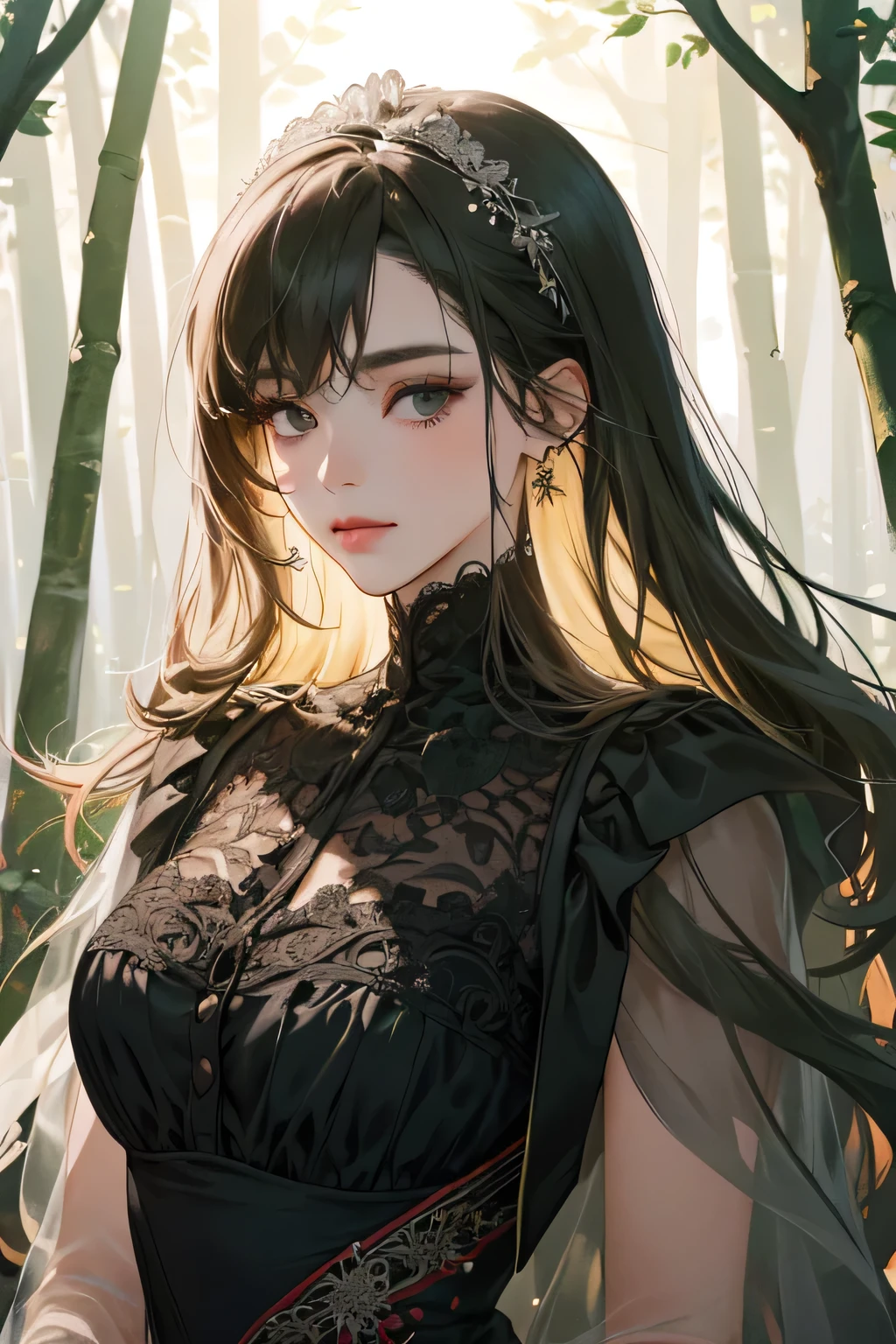 (extreamly delicate and beautiful:1.2), 8K,(masterpiece:1.0),(best_quality:1.0), 1girl, and intricate detailing, Enlarged textures, and intricate detailing, finely ekspressive eye and detailed face, and intricate detailing, green long hair, (closed mouths), Perfect eyes, Equal eyes, black eyes (A female god) with victorian red dress, perfect, background forest