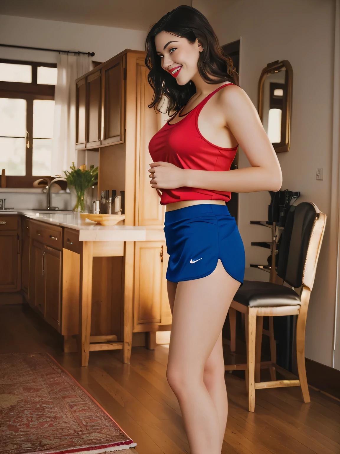 there is a woman standing in a room with a table and chairs, side pose, red tank top and dark blue shorts, in shorts, side photo, tight photo, wearing gym equipment, side portrait, clothing photo, wearing tank top and skirt, with shiny skirt, tank top and sports shorts, dressed in tank top and shorts, high waist. A woman with white skin and dark hair, large and charming, seems to contain a world of wonders and her face is the definition of beauty, highly realistic, reddish skin, beautiful, slightly full lips, red lipstick, smiling, a feeling of lightness and joy , hyperrealism, very elaborate skin, full body photo, sharp photo, high quality, high resolution, masterpiece, high quality, high resolution (ultra quality masterpiece), Ultra HD, high contrast, masterpiece, high contrast, (photographically realistic) HD, high contrast, 16K Masterpiece: 1.3, high resolution, (photographically realistic), NUDE, NUDITY, NFSW.