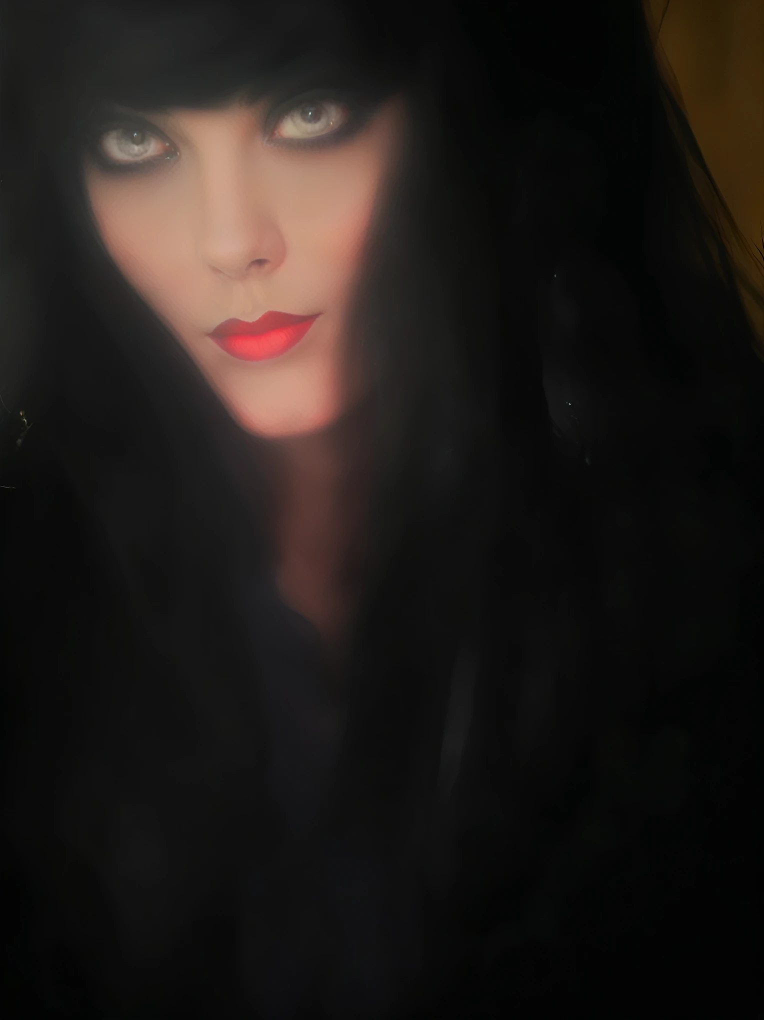 arafed woman with red lips and black hair in a dark room, with haunted eyes and dark hair, portrait of a dark witch, mysterious eerie portrait, mysterious portrait of a woman, mysterious portrait, mysterious woman, gothic face, dark portrait, haunted expression, goth woman, portrait of a ominous girl, portrait of a dark goddess, cute face. dark fantasy
