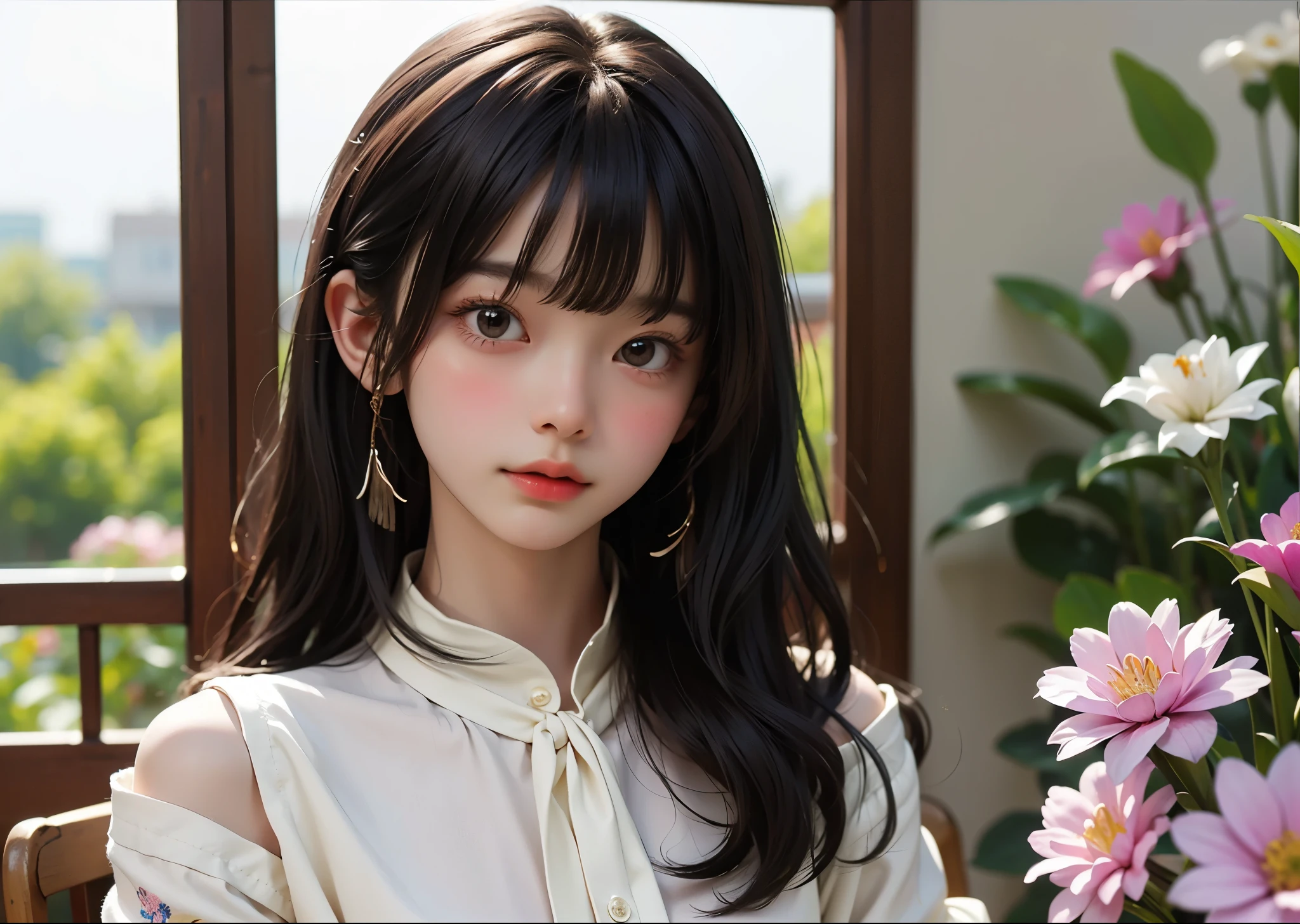 Cute Women Photos、Adult 1 woman、Front facing body and face、casual shirt、Portrait photo from the shoulder up、Slim body、Long hair with bangs、Beautiful flowers in the background、、Sharp images、High color reproducibility、Attention to detail、live-action、Alluring、Pop and catchy、Colorful and fun atmosphere