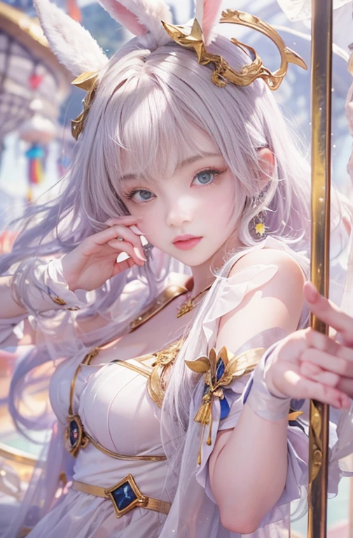 18-year-old, Wide-angle lens, Woman in ancient Greek costume、Woman enjoying merry-go-round at night,Shoulder out、thin、Serious expression、Short-haired、Deadly position, Gorgeous Necklace, Light milky porcelain skin, Smooth, Translucent white skin, Enchanting anime girl, Beautiful and seductive anime woman, Super realistic sweet bunny ears girl, Pale porcelain white skin, Smooth, Realistic and perfect body, Anime Girl Cosplay, Perfect body with realistic shadows, Switzerland&#39;masterpiece, There is a real white rabbit. Red eye and blue eye 