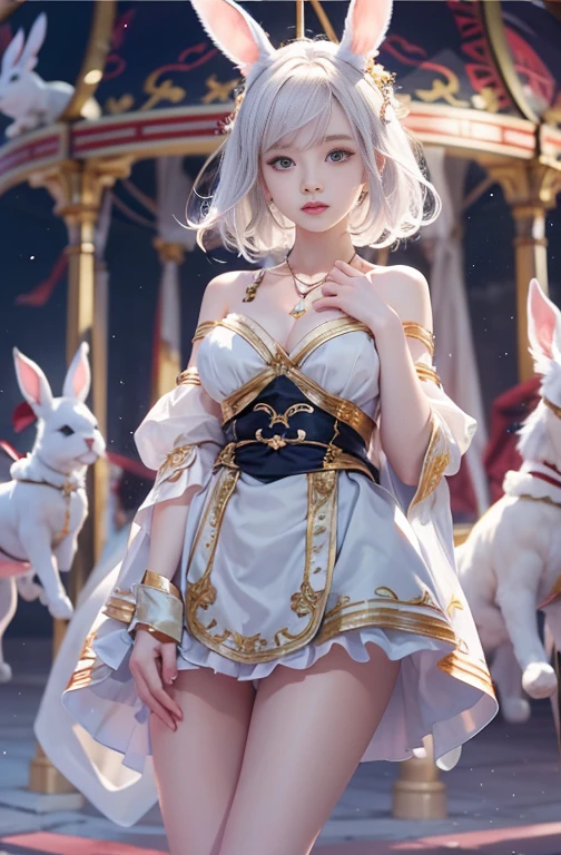 18-year-old, Wide-angle lens, Woman in ancient Greek costume、Woman enjoying merry-go-round at night,Shoulder out、thin、Serious expression、Short-haired、Deadly position, Gorgeous Necklace, Light milky porcelain skin, Smooth, Translucent white skin, Enchanting anime girl, Beautiful and seductive anime woman, Super realistic sweet bunny ears girl, Pale porcelain white skin, Smooth, Realistic and perfect body, Anime Girl Cosplay, Perfect body with realistic shadows, Switzerland&#39;masterpiece, There is a real white rabbit. Red eye and blue eye 