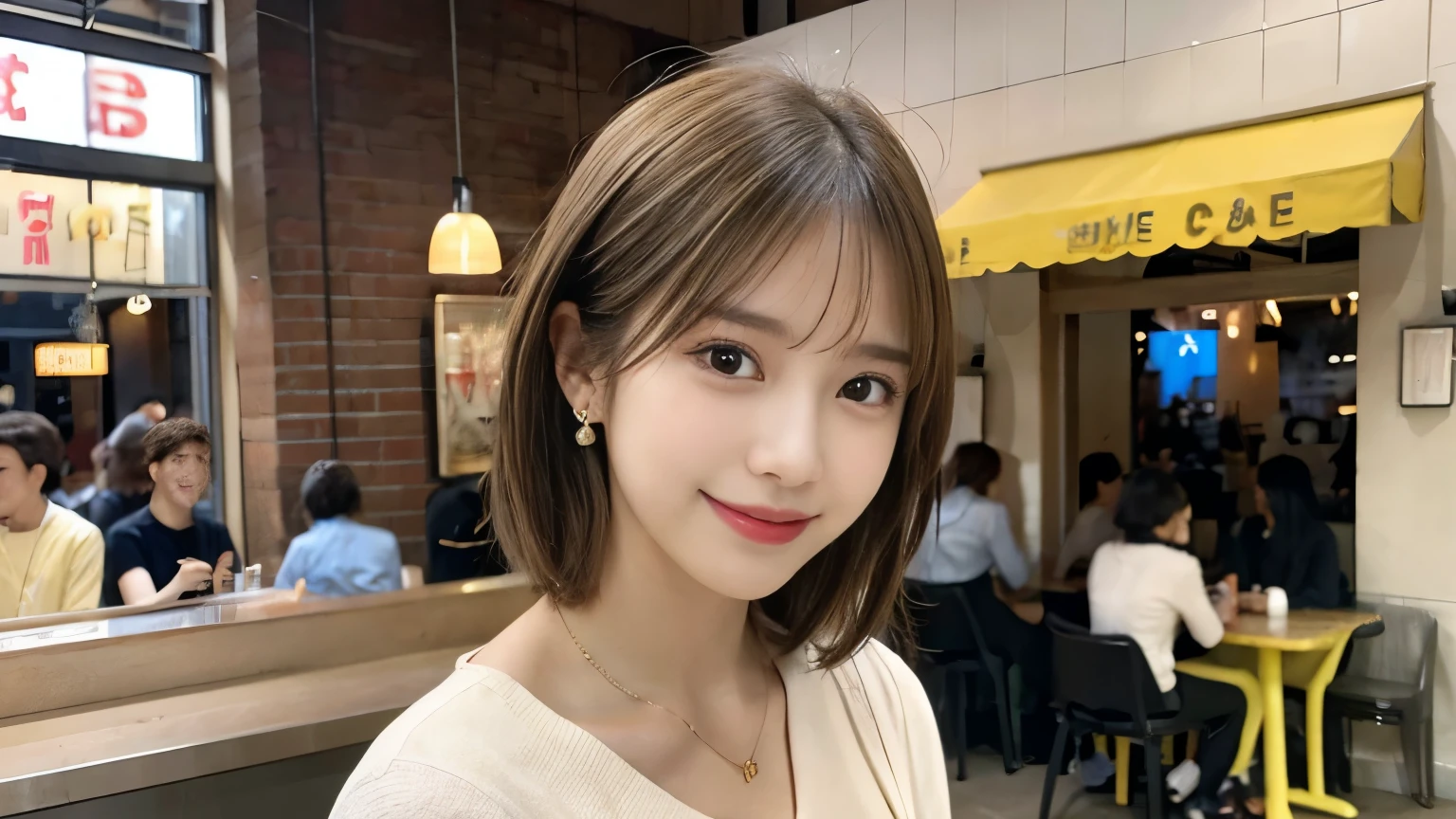 super high quality, Short Hair, Slender, Gravure photoshoot, The staff is working at the counter in the back., (8k、RAW Photos、highest quality、masterpiece:1.2), Japanese Idol, Shaggy, Sportswear, Stylish café, The cafe is crowded with people enjoying themselves., (Realistic、Photorealistic:1.37), Mesh Hair, Urban Cafe, Golden Ratio, Raw photo, Cute face , Light Brown Hair, Earrings, Small breasts, Bright cafe interior, Spring Clothes, necklace, Spoiled, Smile, Hair blowing in the wind, Neat clothes, 18-year-old, younger sister,