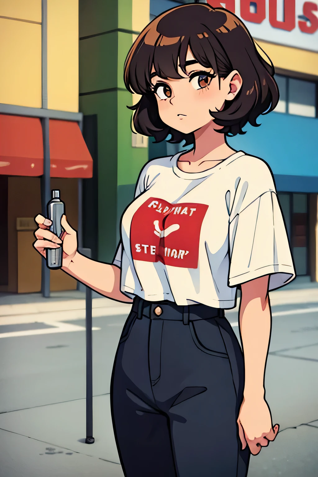 girl with short curly hair 20 years old and hiphop clothes