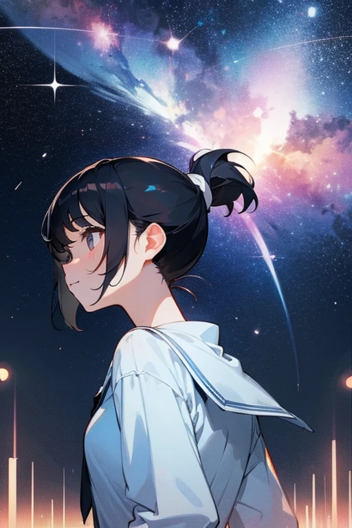 Black Hair、cute、beauty、high school girl、ponytail、Looking at the stars in the night sky。