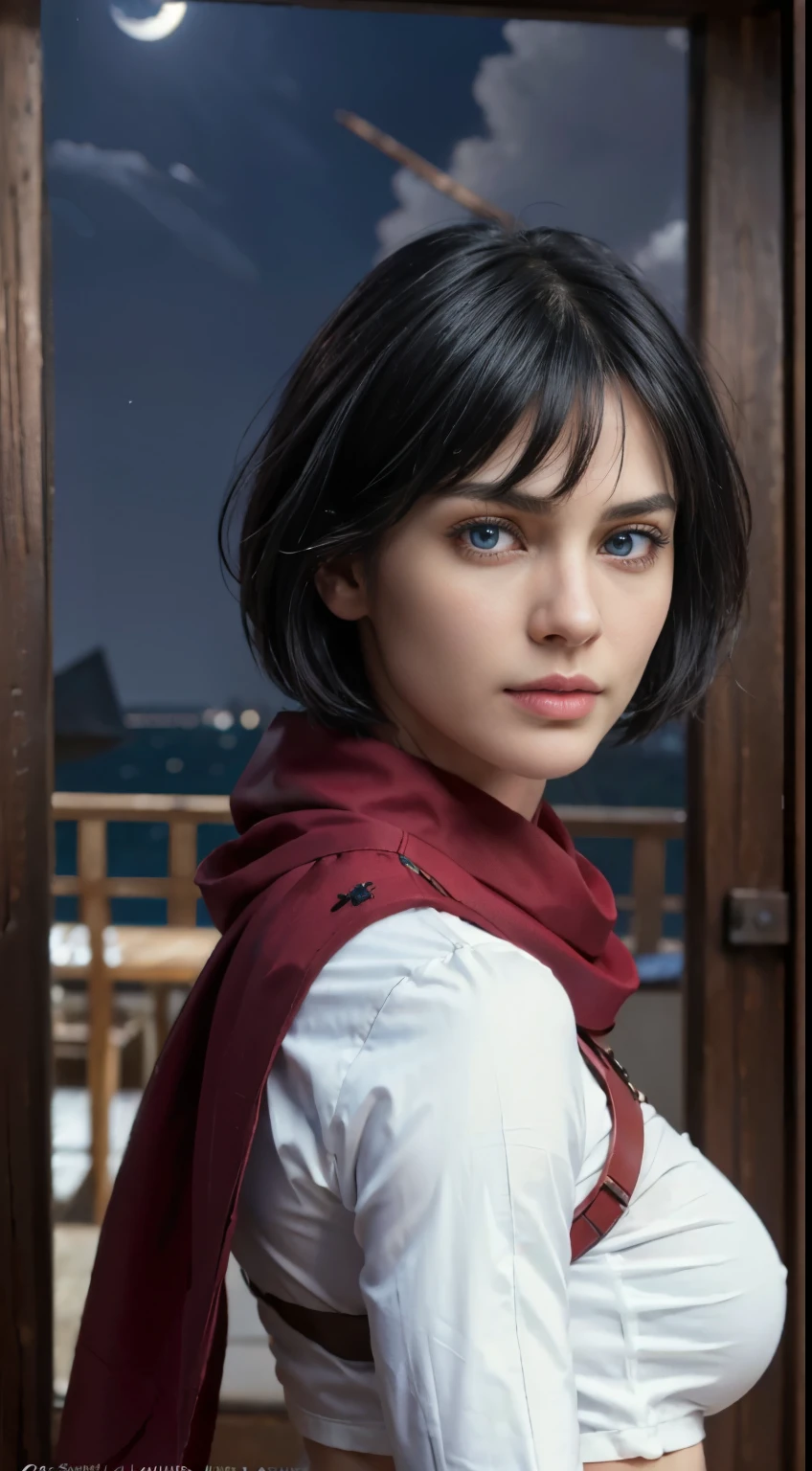 8K, Top Quality, Intricate Details, Ultra Detail, Ultra High Resolution, Masterpiece, random angle, mikasa ackerman, Slender, Smile, (Makeup: 0.4), (Fluffy Blue Eyes: 1.21), blue Eyes,, ((full body)), 1girl, solo, 1 girl, (( full body)), close-up shot, , , ((tall)), (((fit body))), (((slim face))), sharp face, sharp eyes, (((black hair, short hair, bangs )) ,(detailed face), sharp face, small lips, thin lips,
((red scarf, crop top, thigh strap)), detailed face, detailed breast, , large breast, detail, , Beautiful girl with accentuated slender abs: 1.4, Six Pack Abs: 1.4, Bust Botox, Big, Perfect Body, detail leg, (( moonlight)), ocean