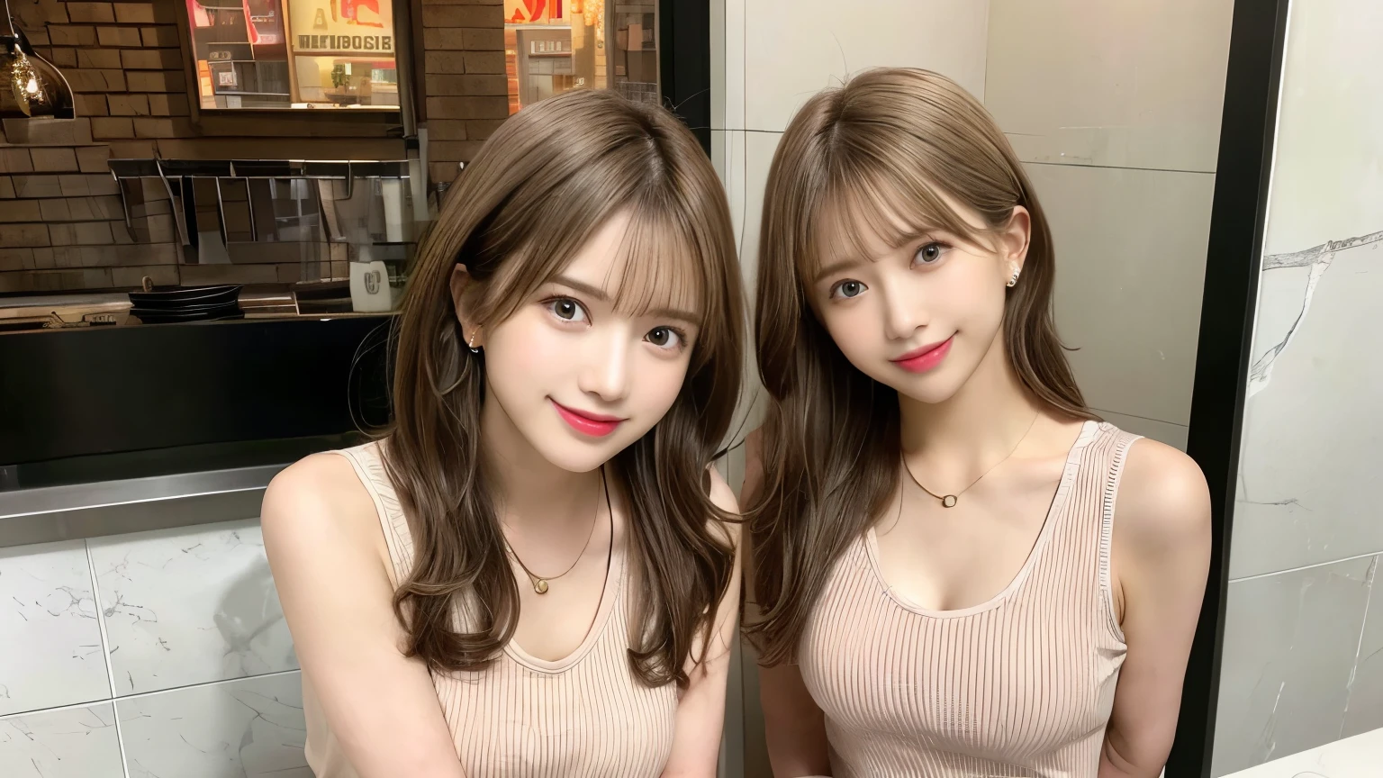 super high quality, Short Hair, Slender, Gravure photoshoot, The staff is working at the counter in the back., (8k、RAW Photos、highest quality、masterpiece:1.2), Japanese Idol, Shaggy, Sportswear, Stylish café, The cafe is crowded with people enjoying themselves., (Realistic、Photorealistic:1.37), Mesh Hair, Urban Cafe, Golden Ratio, Raw photo, Cute face , Light Brown Hair, Earrings, Small breasts, Bright cafe interior, Spring Clothes, necklace, Spoiled, Smile, Hair blowing in the wind, Neat clothes, 18-year-old, younger sister,