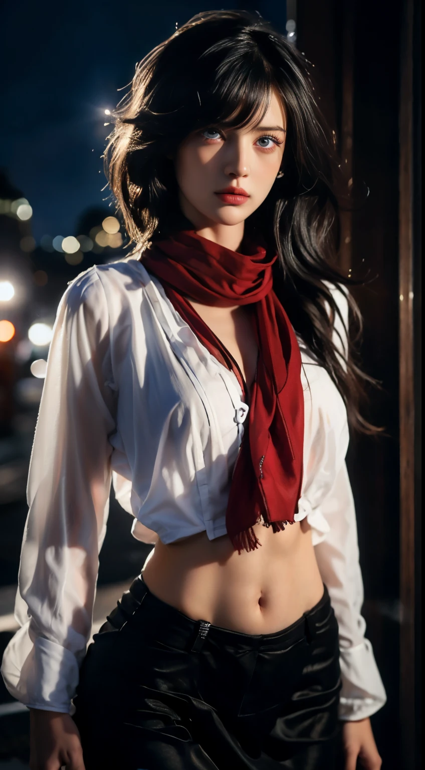 8K, Top Quality, Intricate Details, Ultra Detail, Ultra High Resolution, Masterpiece, random angle, mikasa ackerman,   Slender, Smile, (Makeup: 0.4), (Fluffy Blue Eyes: 1.21), blue Eyes,, ((full body)), 1girl, solo, 1 girl, (( full body)),  close-up shot,  , , ((tall)), (((fit body))), (((slim face))), sharp face, sharp eyes, (((black hair,  short hair, bangs ))  ,(detailed face), sharp face, small lips, thin lips, 
 ((red scarf, crop top, thigh strap)),  detailed face, detailed breast, , large breast, detail, , Beautiful girl with accentuated slender abs: 1.4, Six Pack Abs: 1.4, Bust Botox, Big, Perfect Body, detail leg, (( moonlight)), ocean
