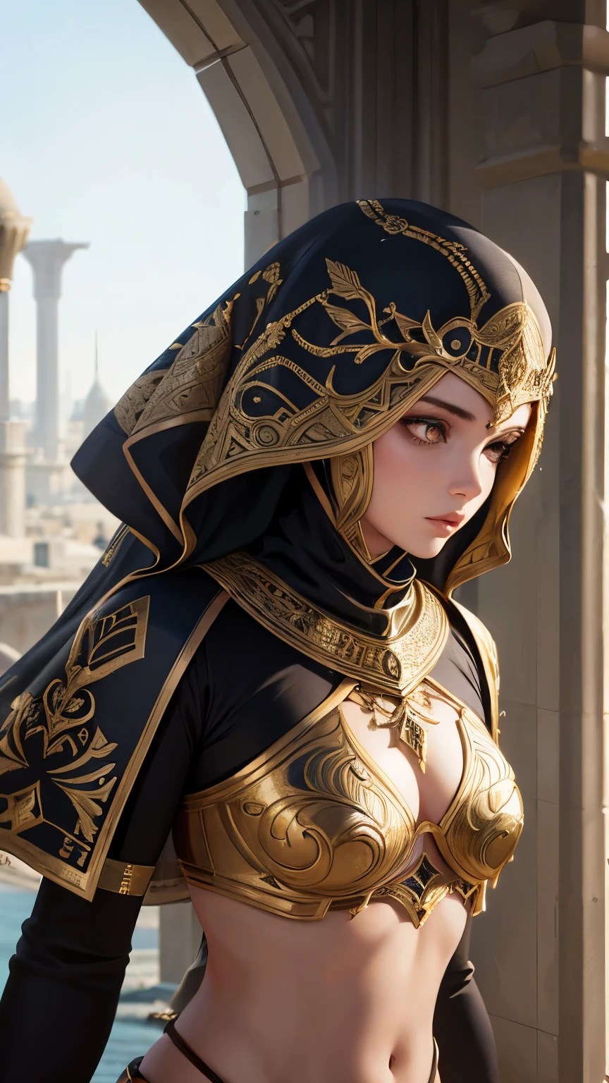 Model shoot, (1 girl), Islamic warrior, Ultra-realistic, Very detailed, Dynamic Shot, masterpiece, Sharp details in the scene, Perfect Eyes, Perfect Skin, Perfect hands