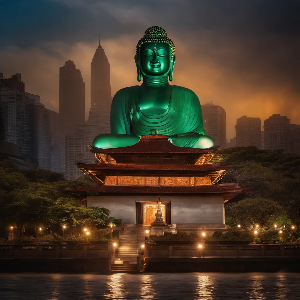 Create an image of a Buddha statue taller than a building standing in the middle of the city.