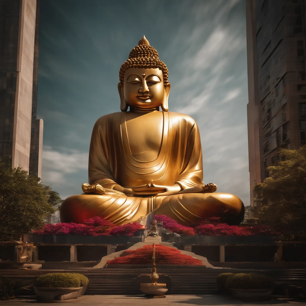 Create an image of a Buddha statue taller than a building standing in the middle of the city.