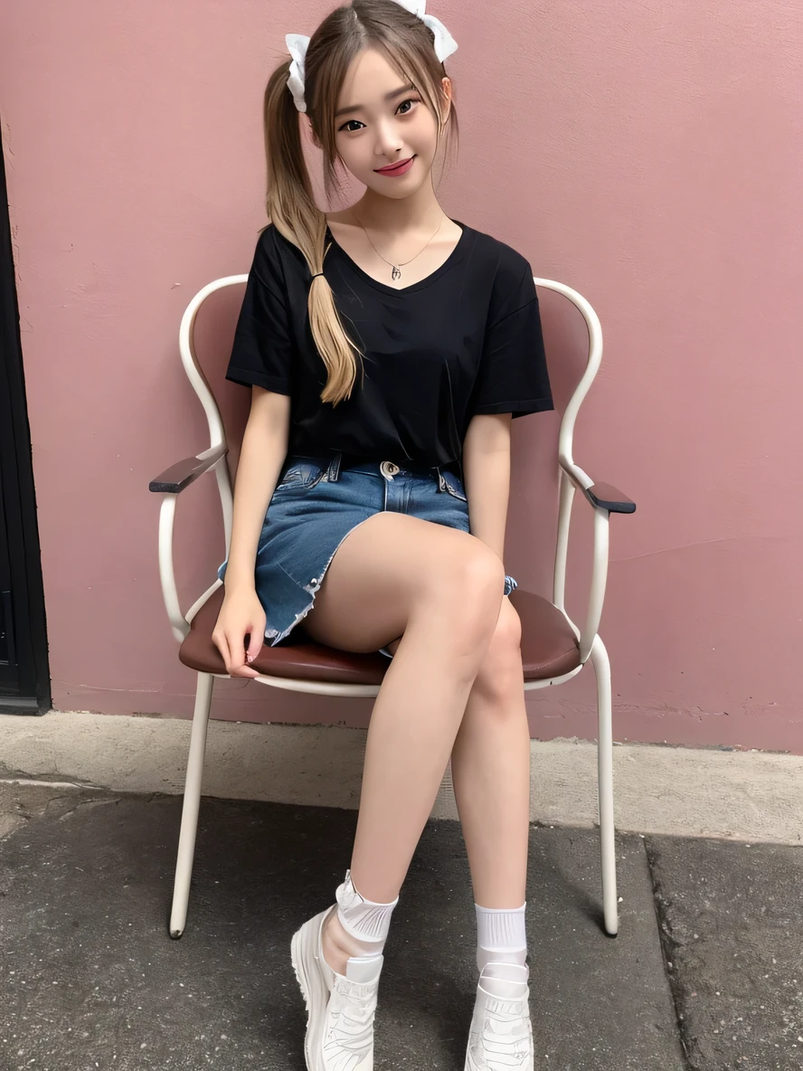 In detail,Full body photo、 One high school girl、High resolution, high quality、Slim body、Perfect dynamic composition, Beautiful fine details, Blonde、Twin tails、Natural color lip,Kamimei、、Clear Skin、Bang thighs、Shiny Hair、最high quality, figure, Very detailed, In detail, High resolution, 8k、The correct state of the human body、Sculpture model pose,Pink wall,Sitting in a chair、I can see your thighs、smile、