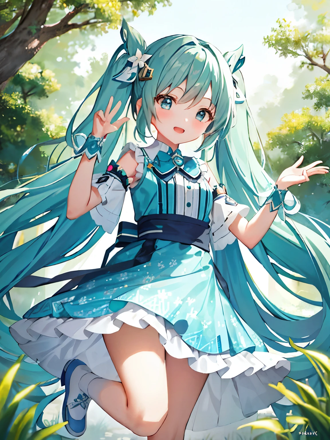 In this Official Art masterpiece, the enchanting world of Hatsune Miku comes alive with every detail meticulously crafted. With her iconic twin tails flowing behind her, she is depicted as a young cartoon Disney-style girl around 5 years old. Her expressive eyes are bright and full of curiosity, framed by wavy hair that might have unique highlights. Dressed in colorful explorer costumes adorned with Disney motifs like stars and animal patterns, she exudes a sense of adventure. her poses are action-oriented, capturing the spirit of adventure that defines Miku.

Set amidst a magical forest backdrop, the image bursts with vibrant colors and