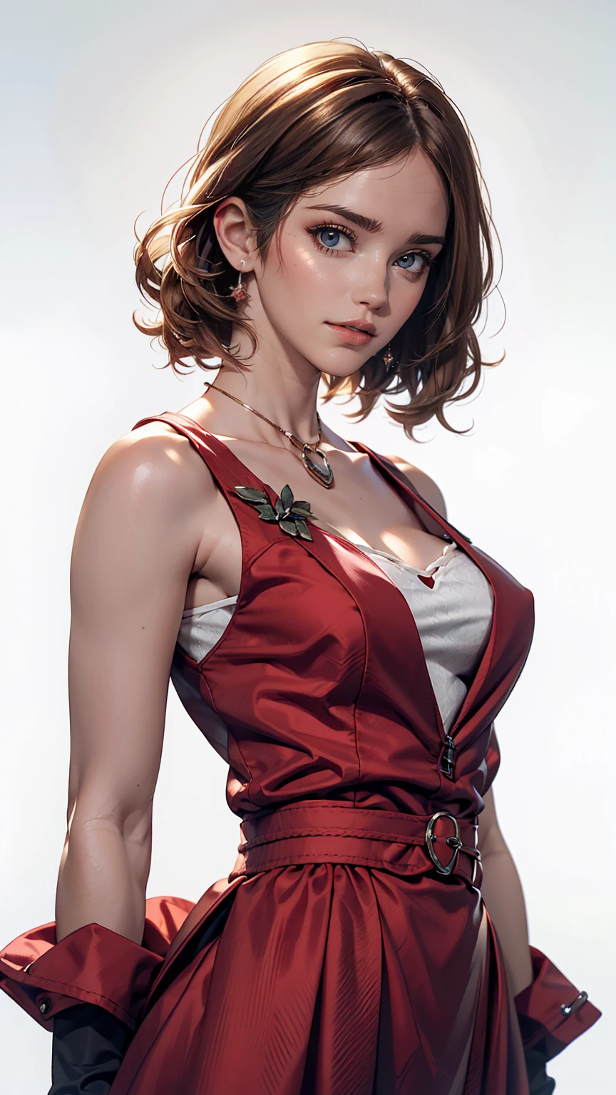 masterpiece, highest quality, High resolution, Serena (Pokemon), short hair, blue eyes, One girl, alone, Blue Ribbon, eyelash, Neck ribbon, No sleeve, bangs, clavicle, Bare arms, Pink Dress , Red coat, white background, front, No view, Looking at the audience,Upper Body, In-person audience, solid color background, clean background, To the camera, High resolution, Expressionless calm face, 白色のbackground, avert your eyes, Simple_background