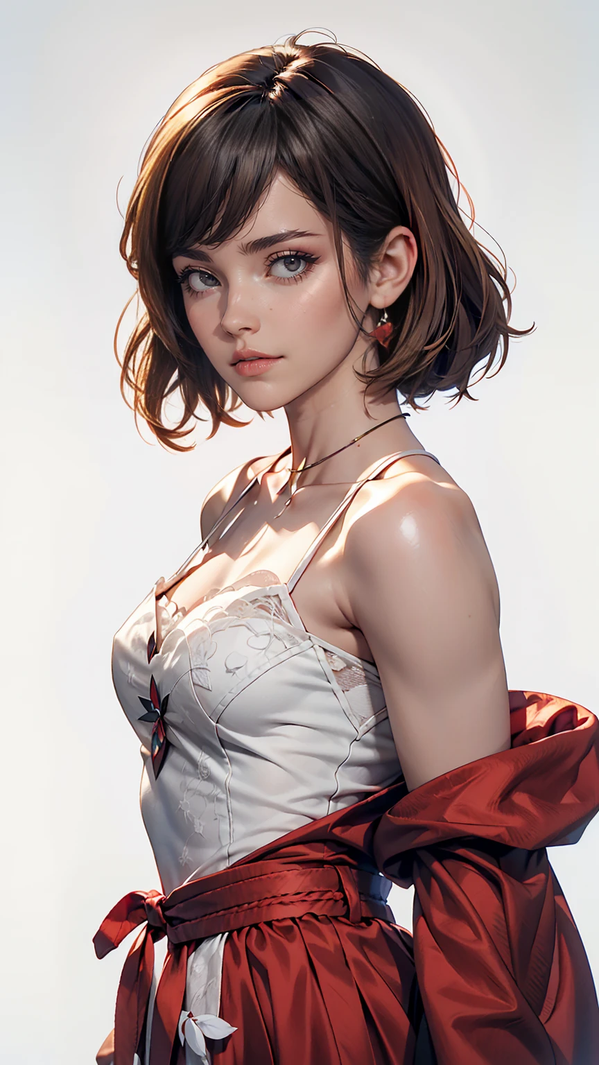 masterpiece, highest quality, High resolution, Serena (Pokemon), short hair, blue eyes, One girl, alone, Blue Ribbon, eyelash, Neck ribbon, No sleeve, bangs, clavicle, Bare arms, Pink Dress , Red coat, white background, front, No view, Looking at the audience,Upper Body, In-person audience, solid color background, clean background, To the camera, High resolution, Expressionless calm face, 白色のbackground, avert your eyes, Simple_background