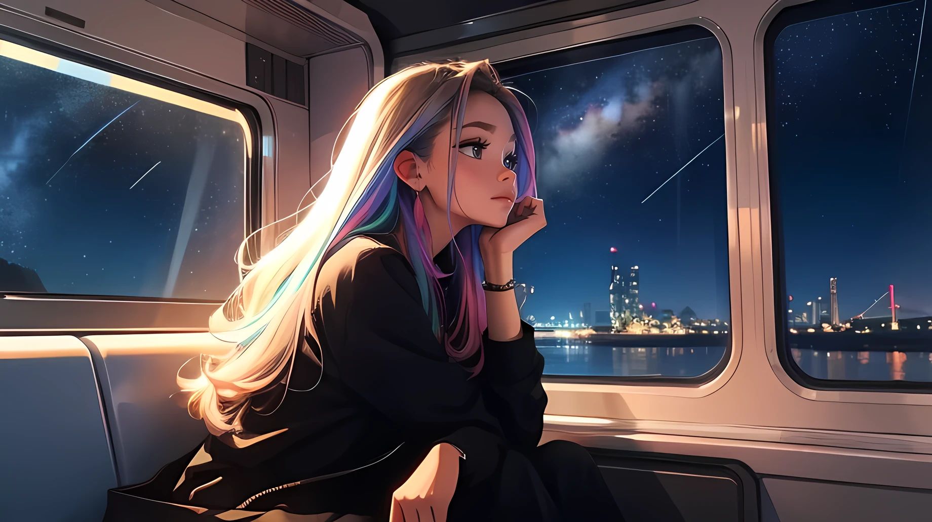 train, sitting by the window, pose pensives, Look at the stars, Head glued to the glass, Landscape passing by at high speed, voyage de nuit, beautiful starry sky, Une belle fille avec, UHD Portrait, (High quality) (ultra details) Regarder le spectateur en tenue de ville de style hip-hop; different, colourfull, colored long hair 🌈