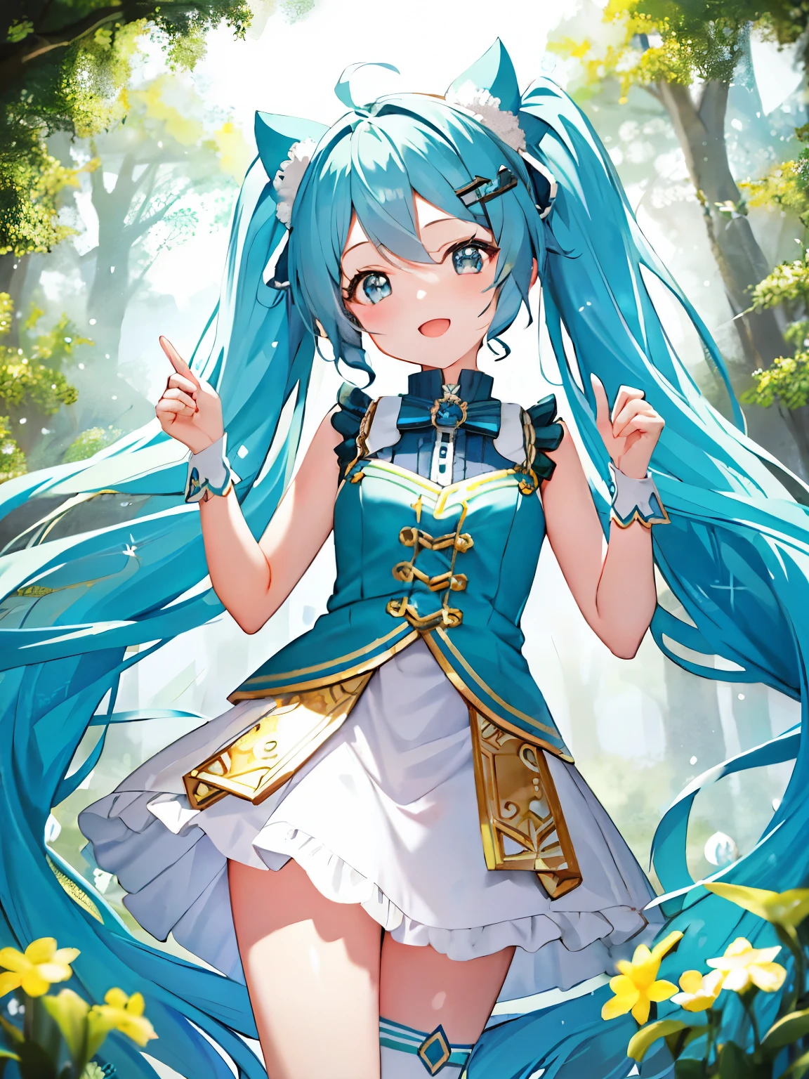 In this Official Art masterpiece, the enchanting world of Hatsune Miku comes alive with every detail meticulously crafted. With her iconic twin tails flowing behind her, she is depicted as a young cartoon Disney-style girl around 5 years old. Her expressive eyes are bright and full of curiosity, framed by wavy hair that might have unique highlights. Dressed in colorful explorer costumes adorned with Disney motifs like stars and animal patterns, she exudes a sense of adventure. her poses are action-oriented, capturing the spirit of adventure that defines Miku.
Set amidst a magical forest backdrop, the image bursts with vibrant colors and