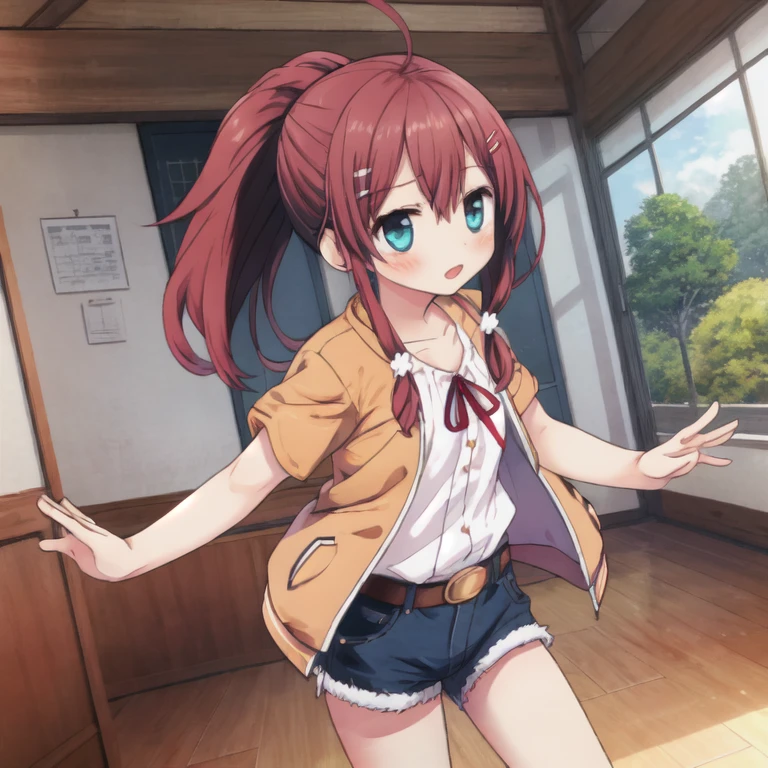 One girl,alone,hair ornaments,Shorts,shirt,Long Hair,white shirt,clavicle,Short sleeve,ribbon,flower,Open clothes,short Shorts,Mouth closed,Hair between the eyes,View your viewers,neck ribbon,bangs,indoor,hair flower,Dutch Angle,red ribbon,Redhead,Shiny hair,blush,Are standing,Hair Clip,white flower,Shiny,Jacket,ponytail,Brown Hair,open Jacket,Ahoge,yellow Jacket,dress shirt,orange Shorts,belt,Wooden floor,red Shortsr,