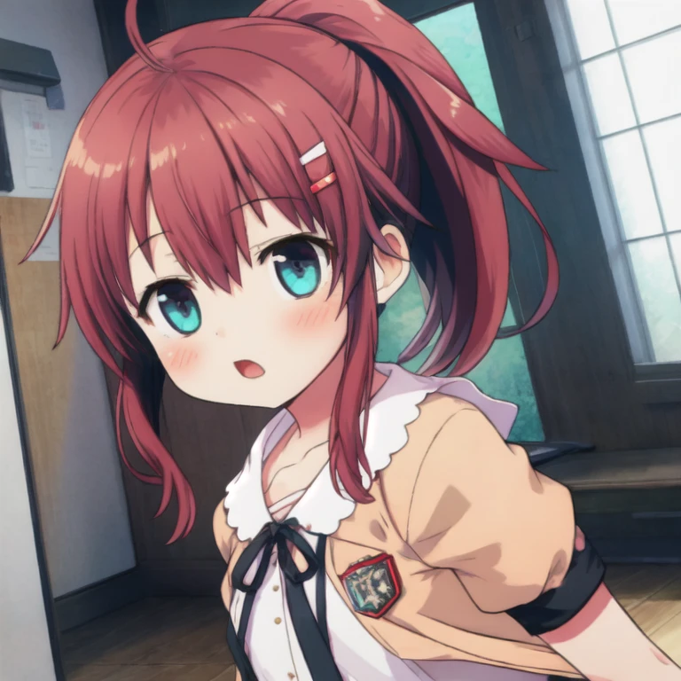 One girl,alone,hair ornaments,Shorts,shirt,Long Hair,white shirt,clavicle,Short sleeve,ribbon,flower,Open clothes,short Shorts,Mouth closed,Hair between the eyes,View your viewers,neck ribbon,bangs,indoor,hair flower,Dutch Angle,red ribbon,Redhead,Shiny hair,blush,Are standing,Hair Clip,white flower,Shiny,Jacket,ponytail,Brown Hair,open Jacket,Ahoge,yellow Jacket,dress shirt,orange Shorts,belt,Wooden floor,red Shortsr,