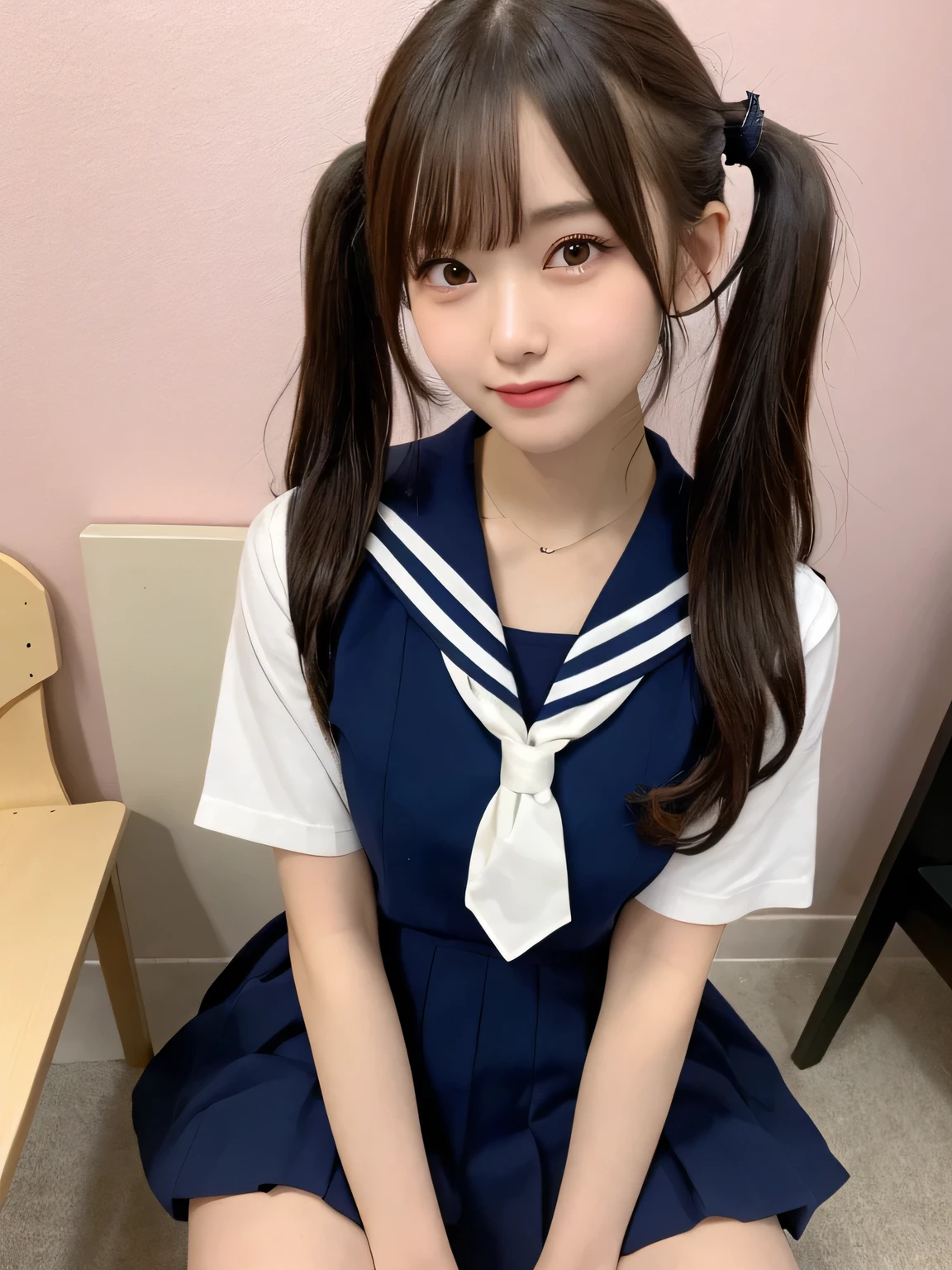 In detail,Full body photo、High resolution, high quality、Slim body、Perfect dynamic composition, Beautiful fine details, Twin tails、Natural color lip,Kamimei、17-year-old high school girl、Clear Skin、Sailor suit、Navy blue mini skirt、Thighs、Shiny Hair、最high quality, figure, Very detailed, In detail, High resolution, 8k、The correct state of the human body、Sculpture model pose,Pink wall,Sitting in a chair、Thighs are visible、smile、
