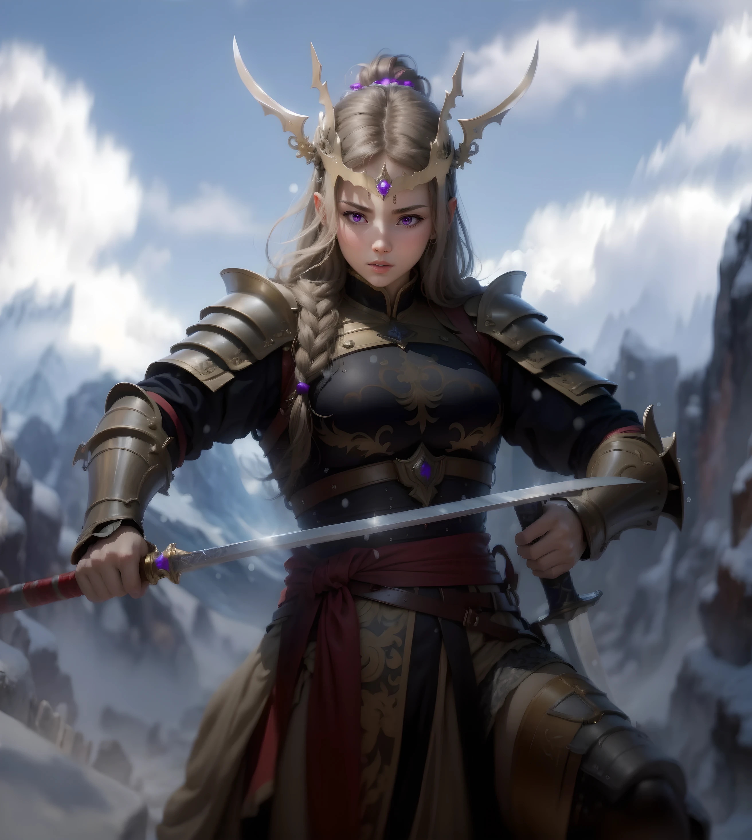Masterpiece, the best quality, official art, extremely detailed CG unified 8k wallpaper, highly detailed, upper left light source, Meixuan quality, with warmth and cooling, to open up the relationship between distance and distance,Dual Swords,armor,A woman,Leather belt,Snow Mountain,Snow,rock,Snow,Purple Eyes