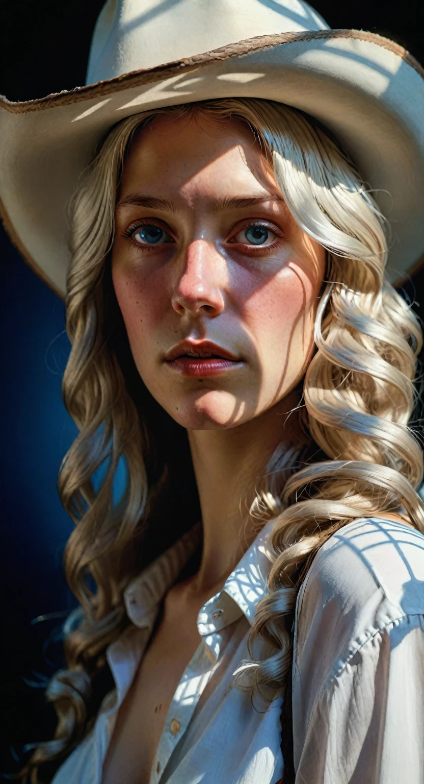 Hyperrealistic portrait of a woman by David Hockney and Alphonse Mucha.,fantasy art, photo realistic, dynamic lighting, ArtStation, poster, volumetric lighting, very detailed faces, 4 thousand., Award Winning,, 1 girl, in the dark, deep shadow, restrained,cowboy shot,(formal wear:1.4) ,long hair,White hair,
