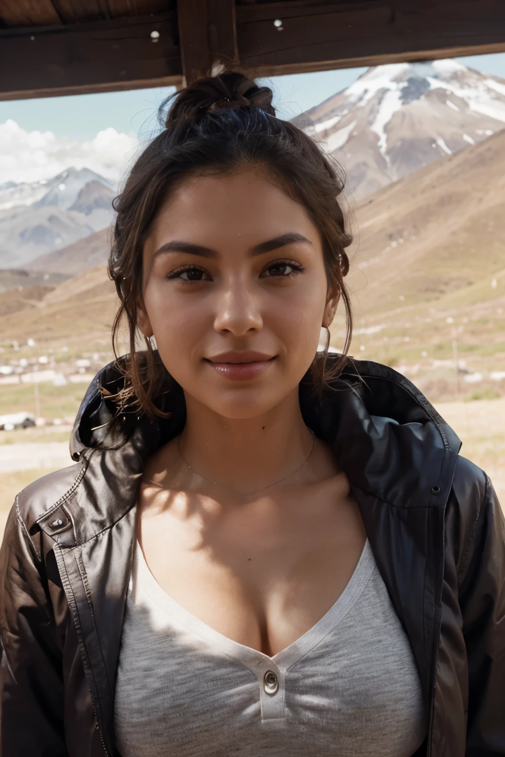Christen Harper con una hermosa cara madura, tez oscura, short hair tied back, cejas grandes y tatuadas, Mirando directamente al espectador, brunette, senos extra grandes Representado de manera realista, usando una chompa impermeable north face para el frio que complementa su color de cabello, mostrando sus hombros y cuello, voluptuosa, con un bronceado acentuado y joyas elegantes, lipstick staining her lips, nariz definida, sonriendo, en el nevado Cotopaxi