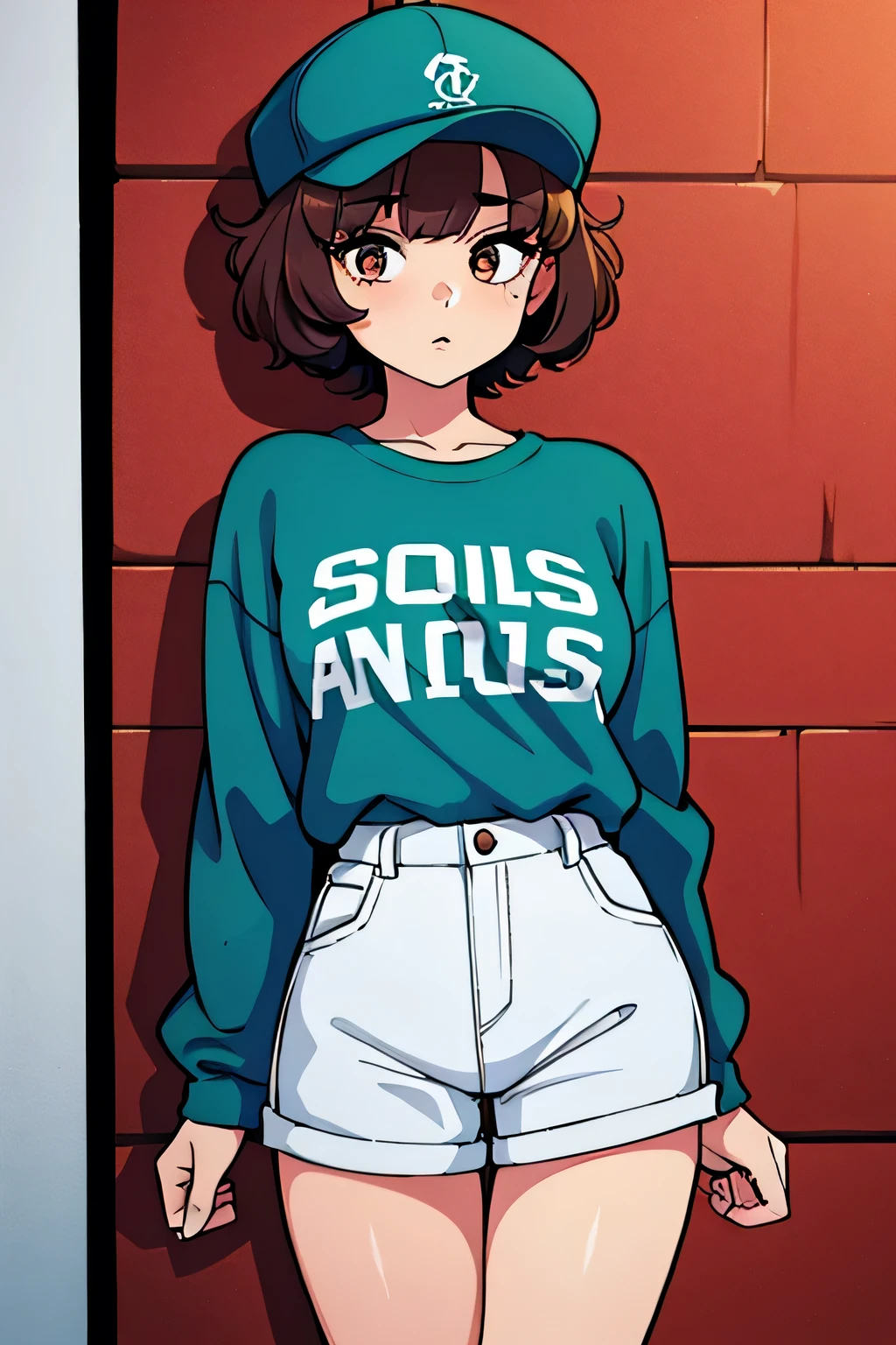 girl with short curly hair 20 years old and hiphop clothes and cap