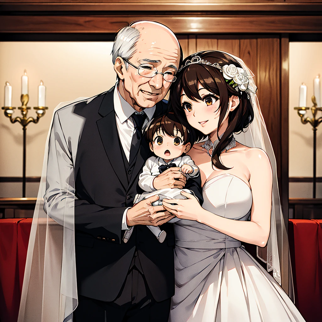 ((highest quality)), ((masterpiece)), (detailed), （Perfect Face）、The woman is Haruhi Suzumiya, with short brown hair and the wife of a 70-year-old man.、（The woman is holding a baby, wearing a gorgeous, flashy pure white wedding dress and wedding veil, a gorgeous engagement ring and gorgeous jewelry, and is holding a wedding ceremony with a 70-year-old man wearing a white tuxedo and white tie, with their arms wrapped around each other.）、（The woman snuggles up closely to the 70-year-old man）、The man is 70 years old and is standing close to the woman at a wedding.