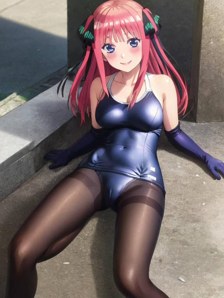 best quality, ultra-detailed masterpiece, nino nakano, one-piece swimsuit, breasts, pantyhose, blush, smile,