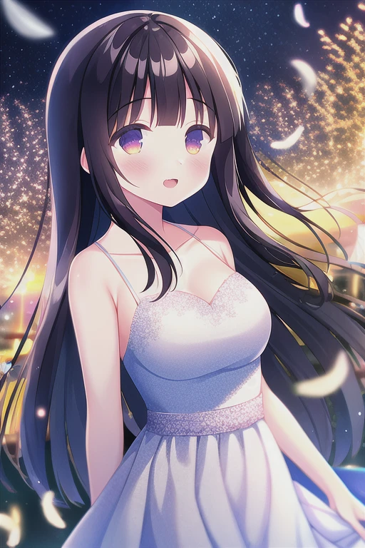 Absurd, high quality, Game CG, One girl, houraisan kaguya, Evening Gowns, Frillsのドレス, Frills, Outdoor, Night Sky, Falling feathers, Upper Body, Particles of light, Bokeh, chromatic aberration