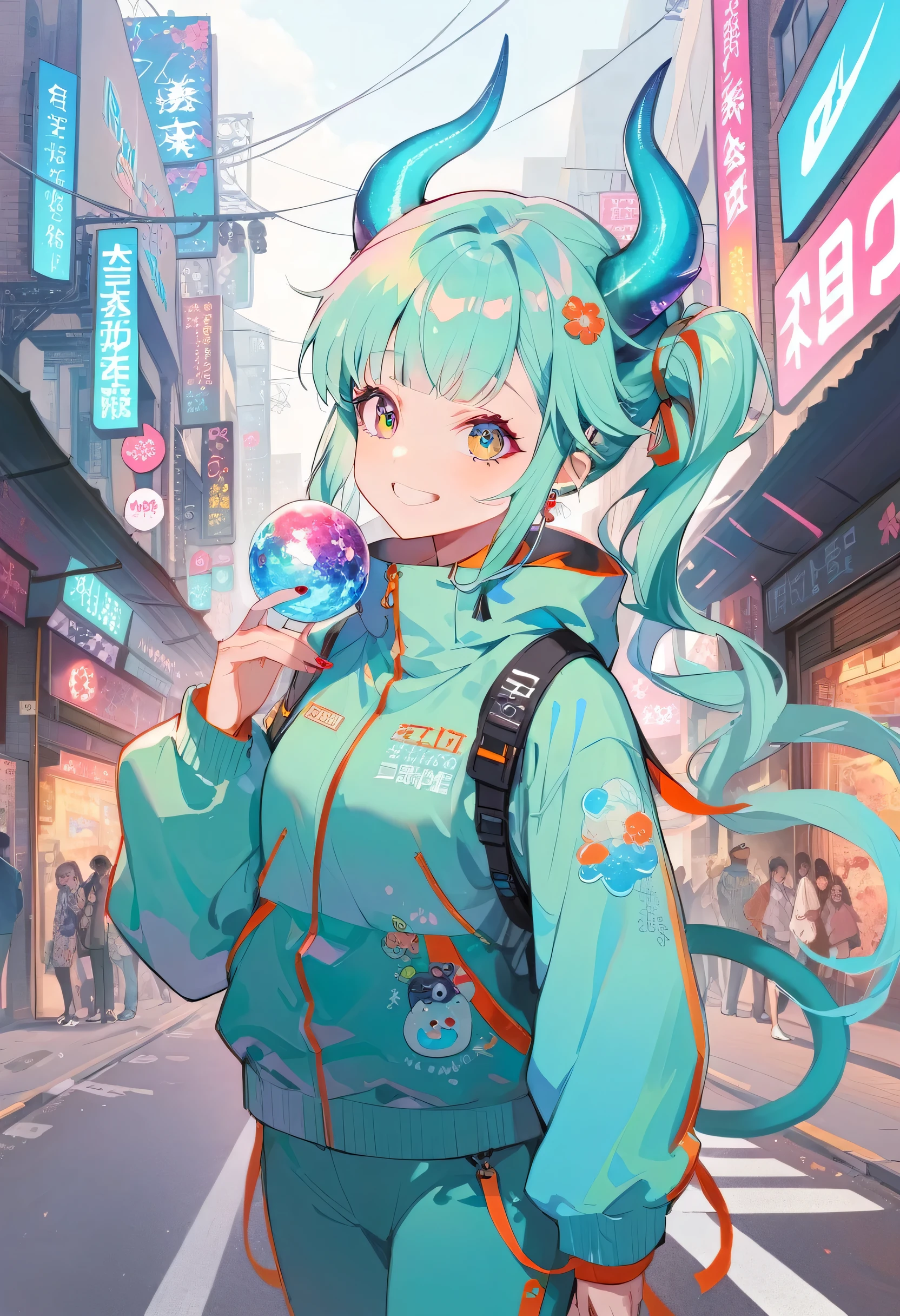 niji洛拉horn a pertty nijiboy with crystal - clear horns, Wearing a blue-green ski suit, Double tail, big、Beautiful strange eyes, A bright smile, On the streets of the cyber desert city 